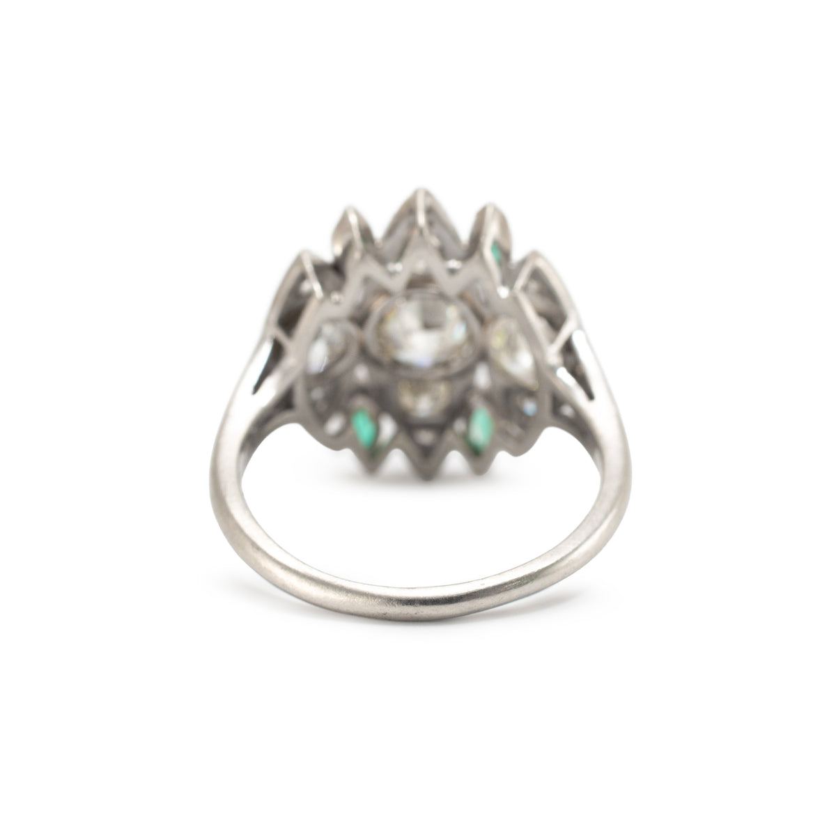 Antique Art Deco Platinum Ctw Old Cut Diamond & Emerald Dinner Cocktail Ring