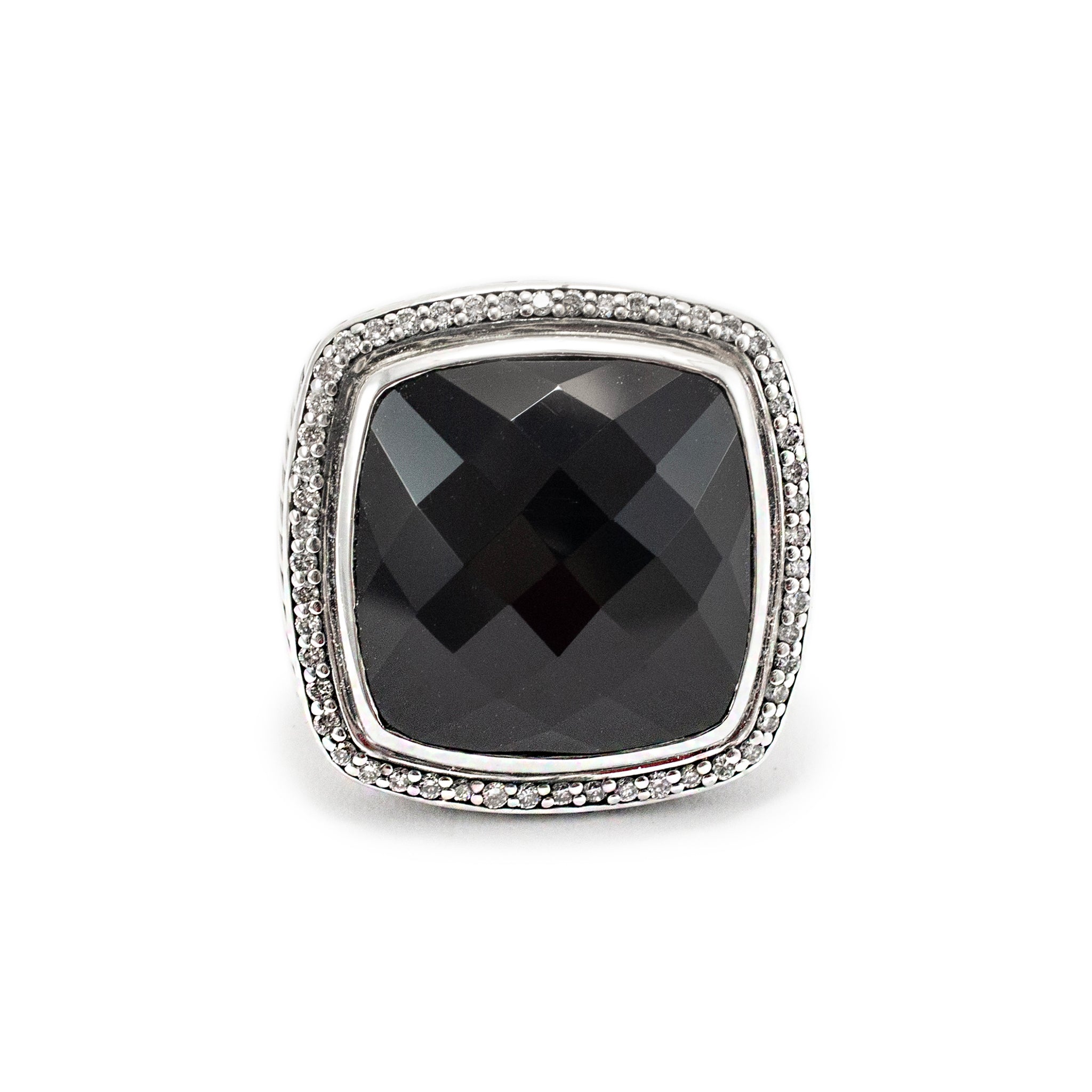 David Yurman 925 Sterling Silver Black Onyx Halo Diamond Albion Cocktail Ring