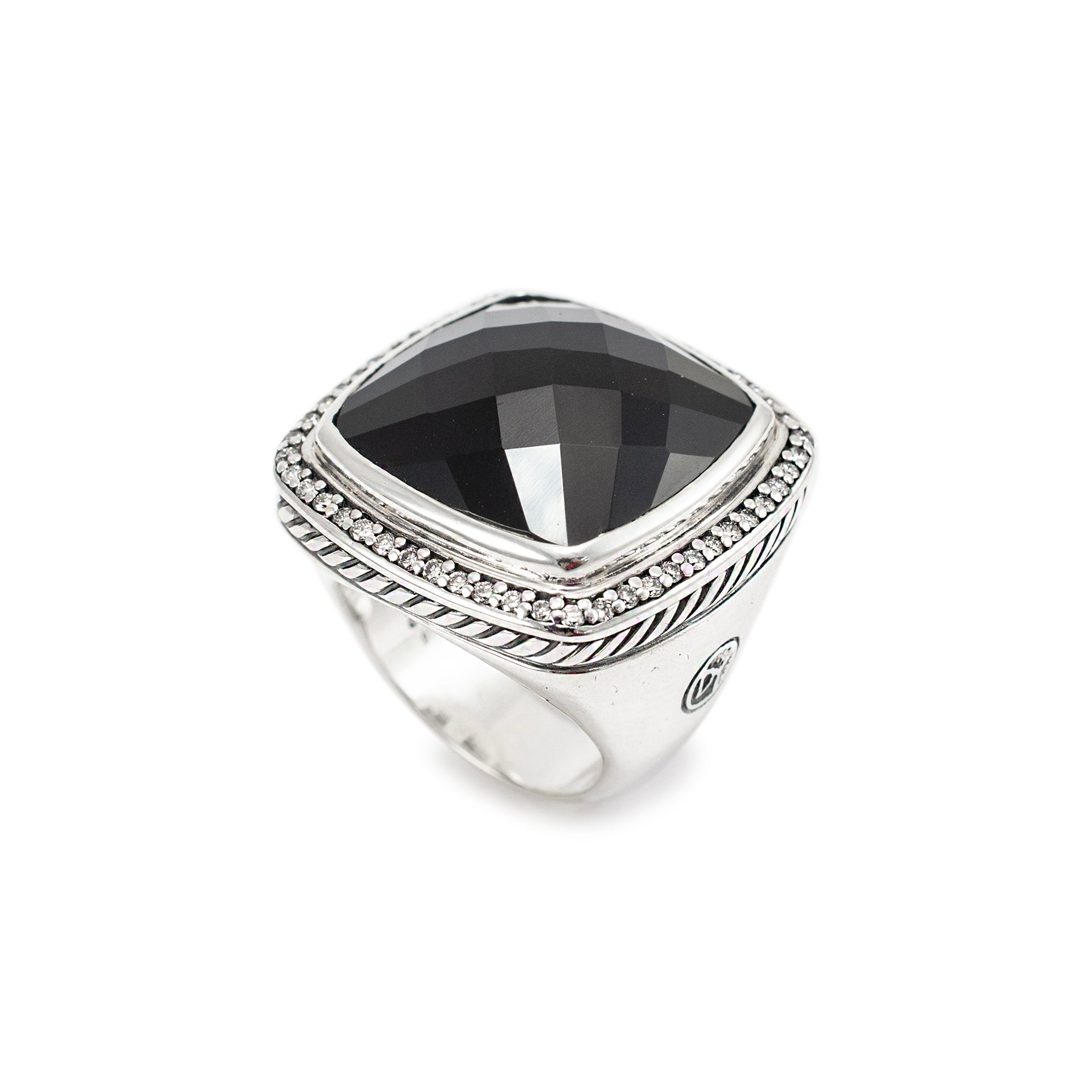 David Yurman 925 Sterling Silver Black Onyx Halo Diamond Albion Cocktail Ring