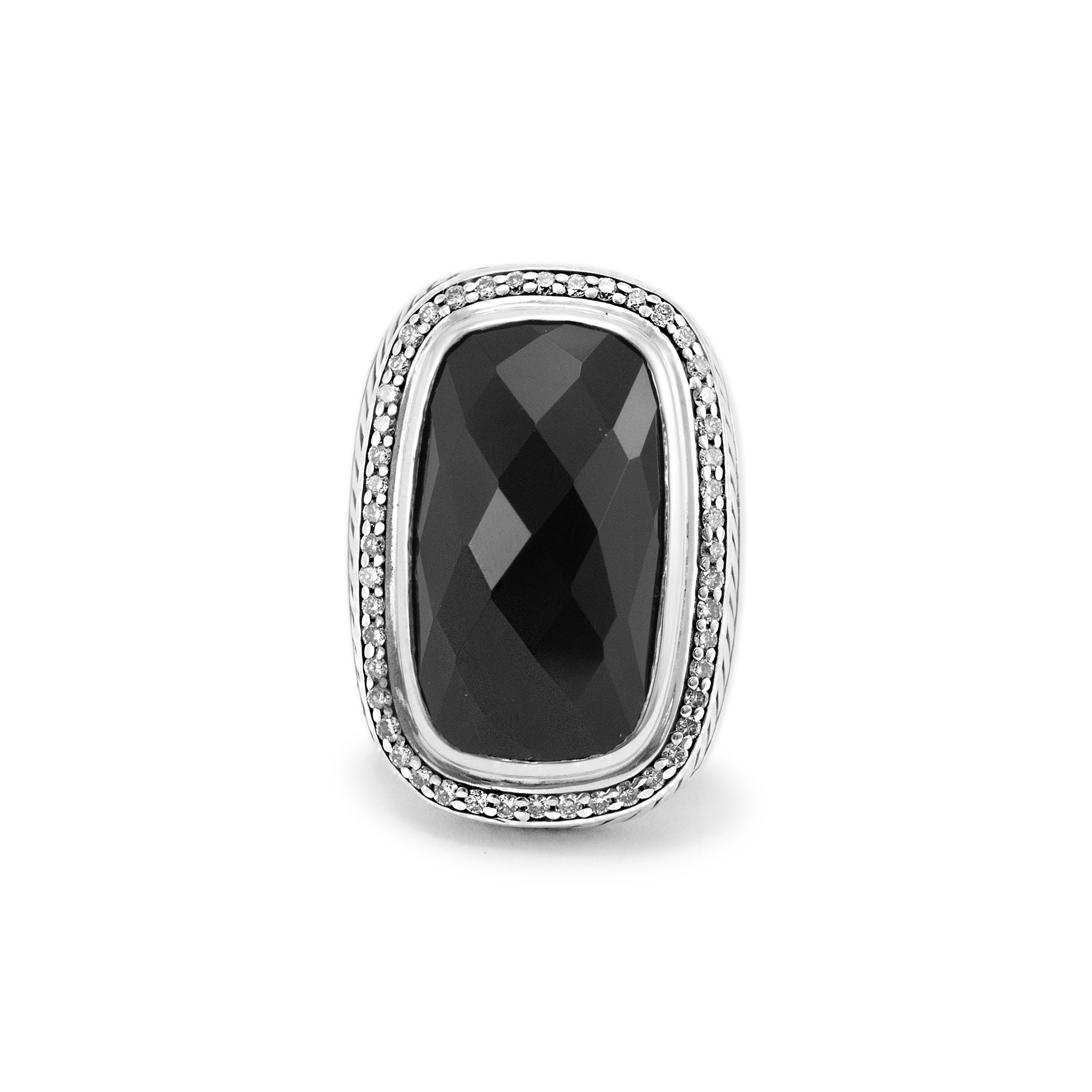 David Yurman 925 Sterling Silver Onyx Halo Diamond Albion Cocktail Ring