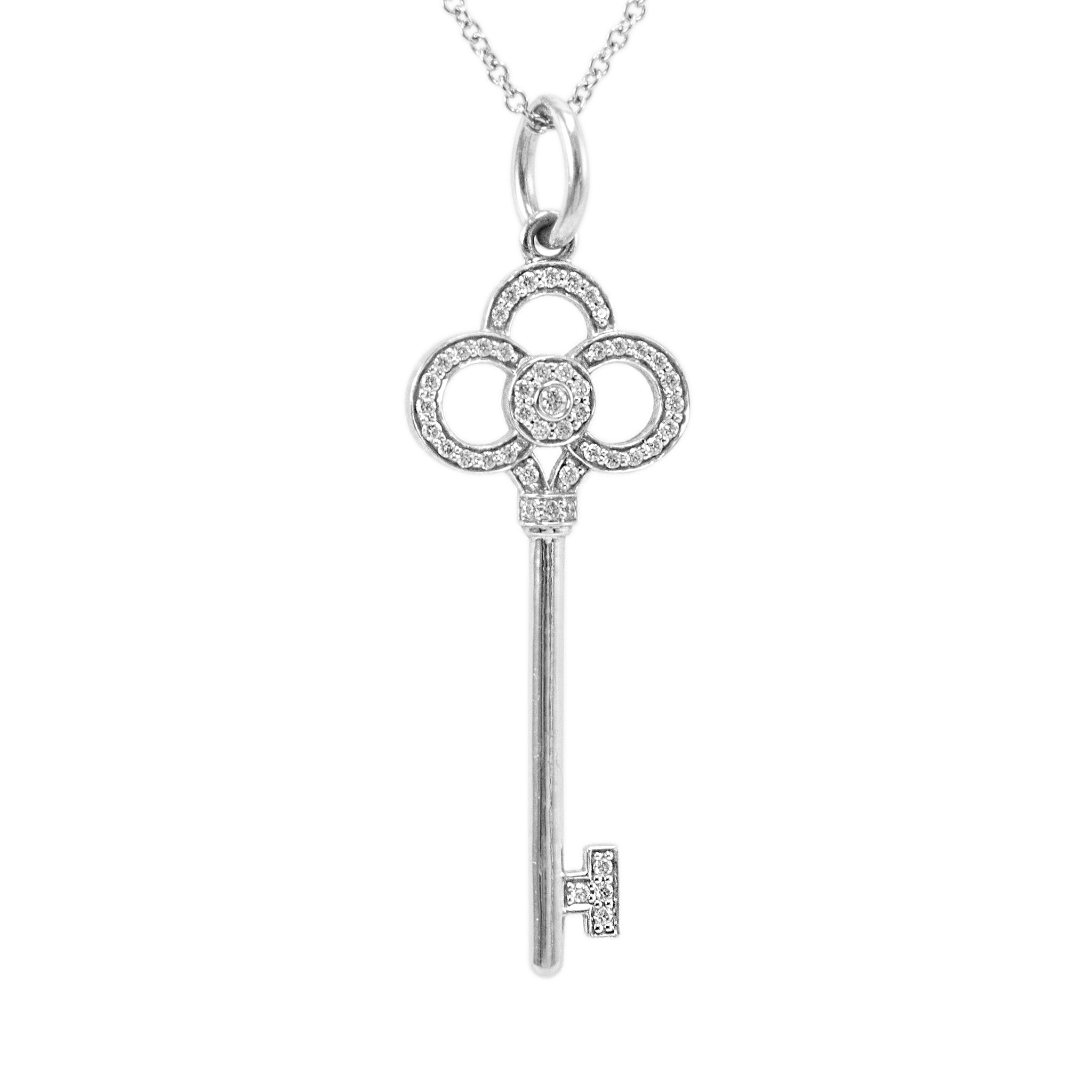 Tiffany & Co. Keys 18K White Gold Pave Diamond Mini Crown Key Pendant Necklace