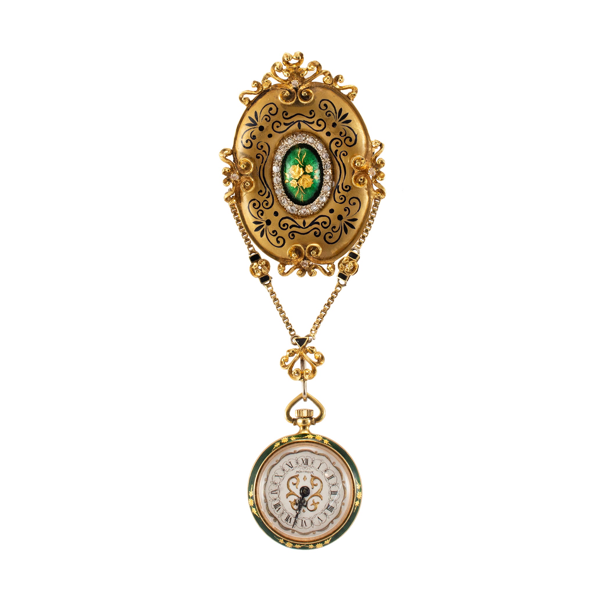 Antique Victorian Yellow Gold Rose Cut Enamel Brooch Montreux Pocket Watch Set
