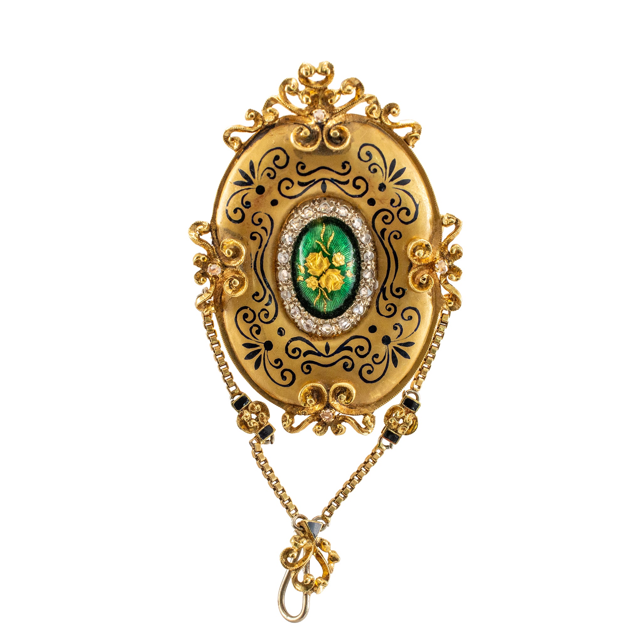 Antique Victorian Yellow Gold Rose Cut Enamel Brooch Montreux Pocket Watch Set