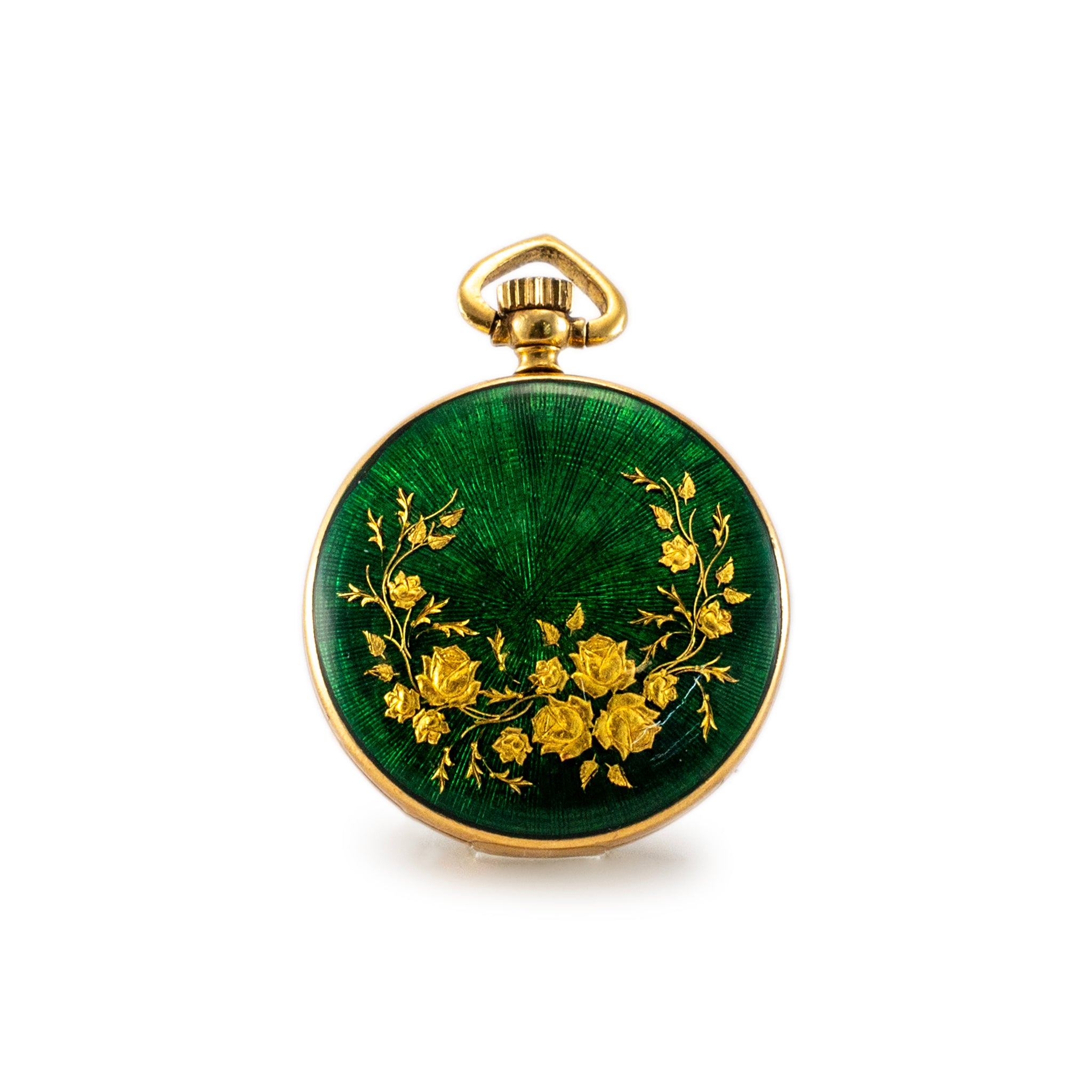 Antique Victorian Yellow Gold Rose Cut Enamel Brooch Montreux Pocket Watch Set