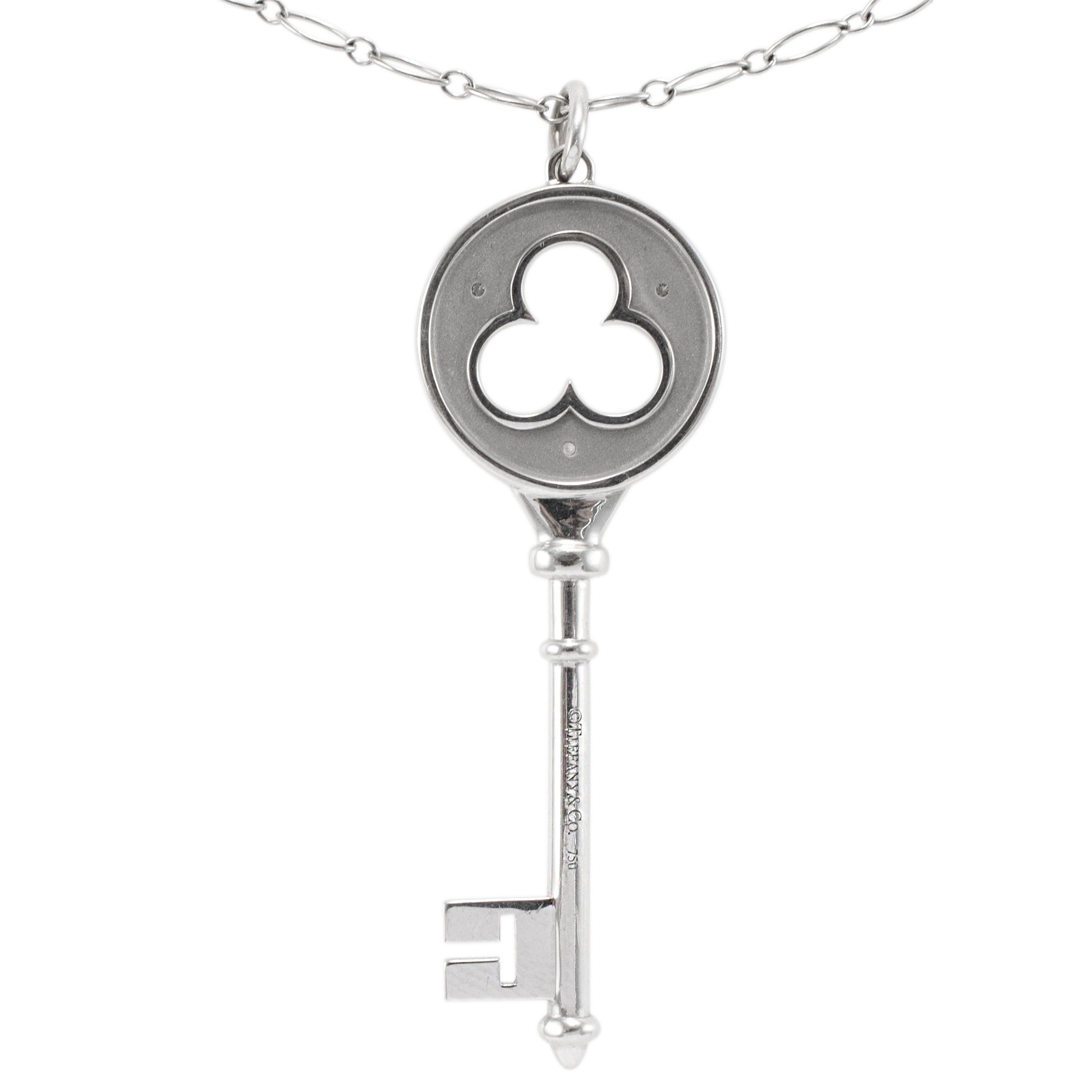 Tiffany & Co. Keys 18K White Gold Diamond Clover Key Pendant Necklace