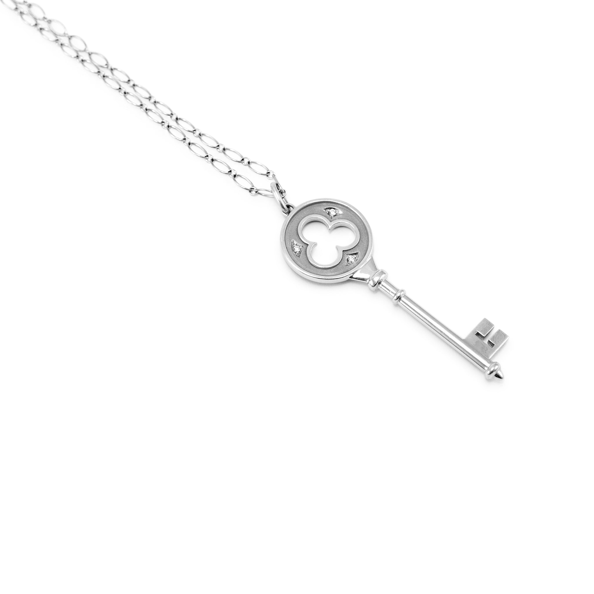 Tiffany & Co. Keys 18K White Gold Diamond Clover Key Pendant Necklace