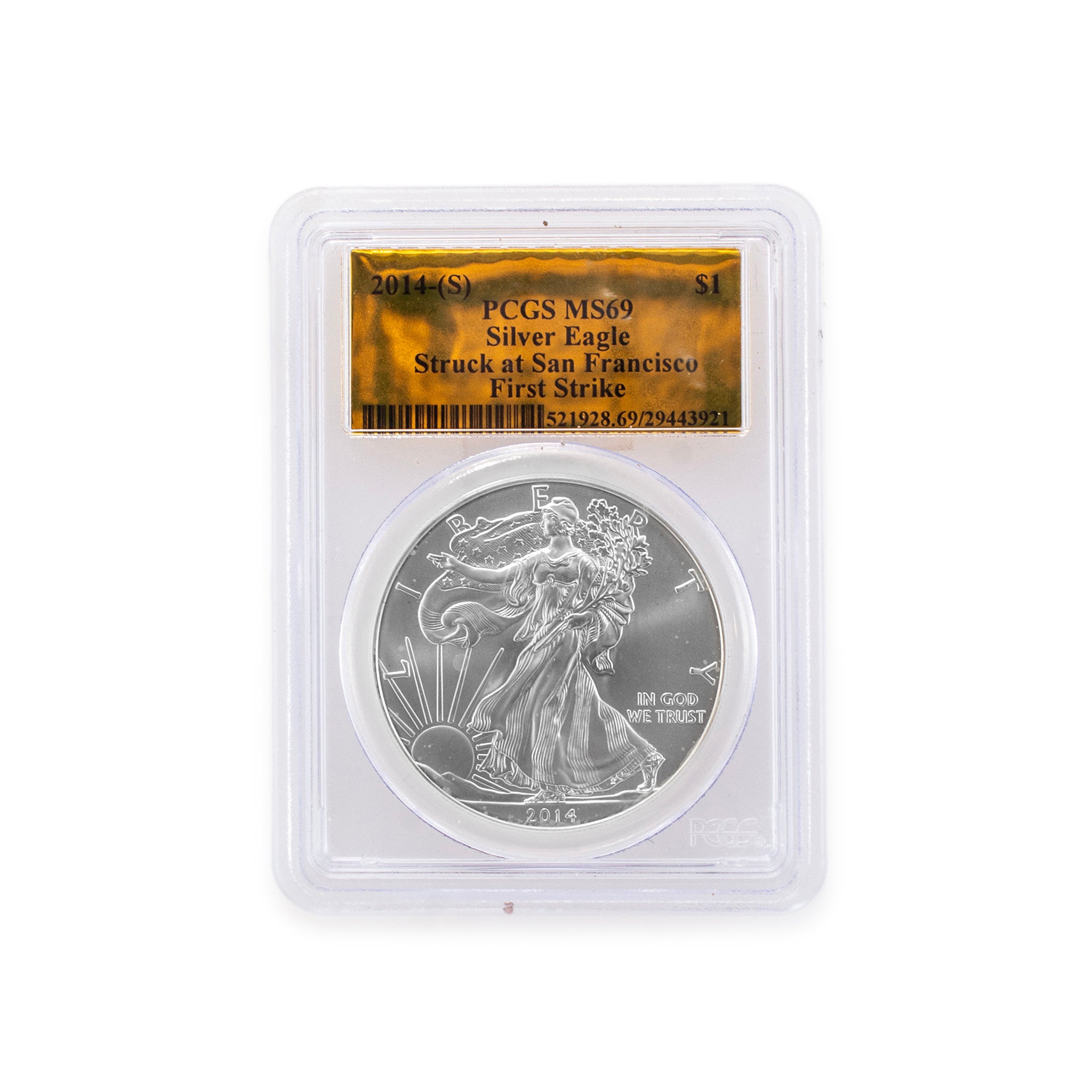 2014 S $1SILVER American Eagle PCGS MS-69 First Strike Gold Label Coin