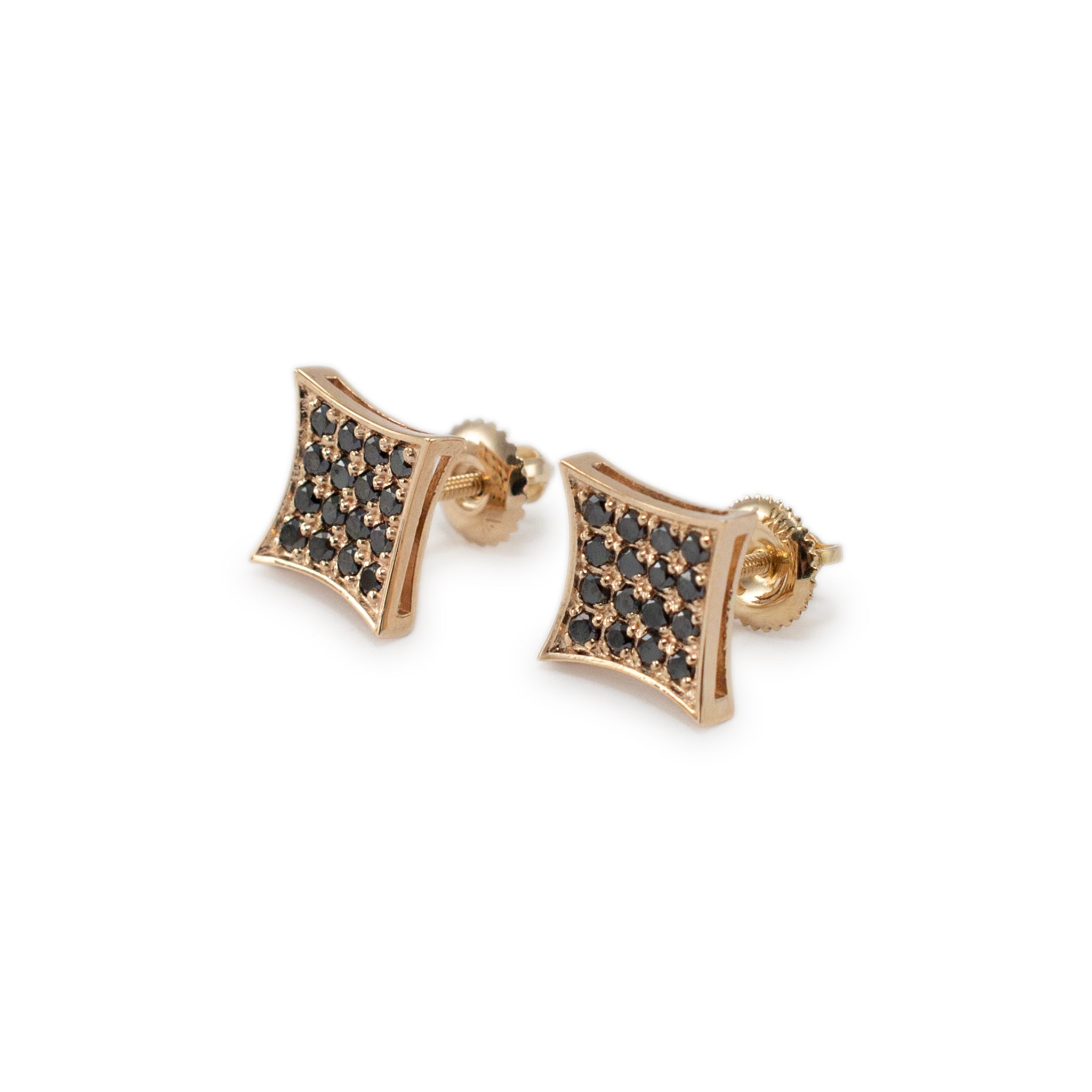 14K Yellow Gold Square Pave Black Diamond Screw Back Stud Earrings