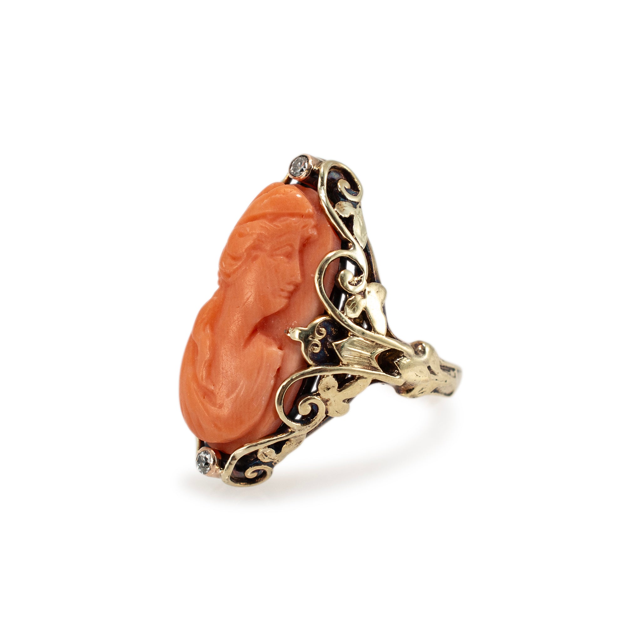 Handmade Vintage 14K Yellow Gold Carved Salmon Coral Cameo Diamond Cocktail Ring