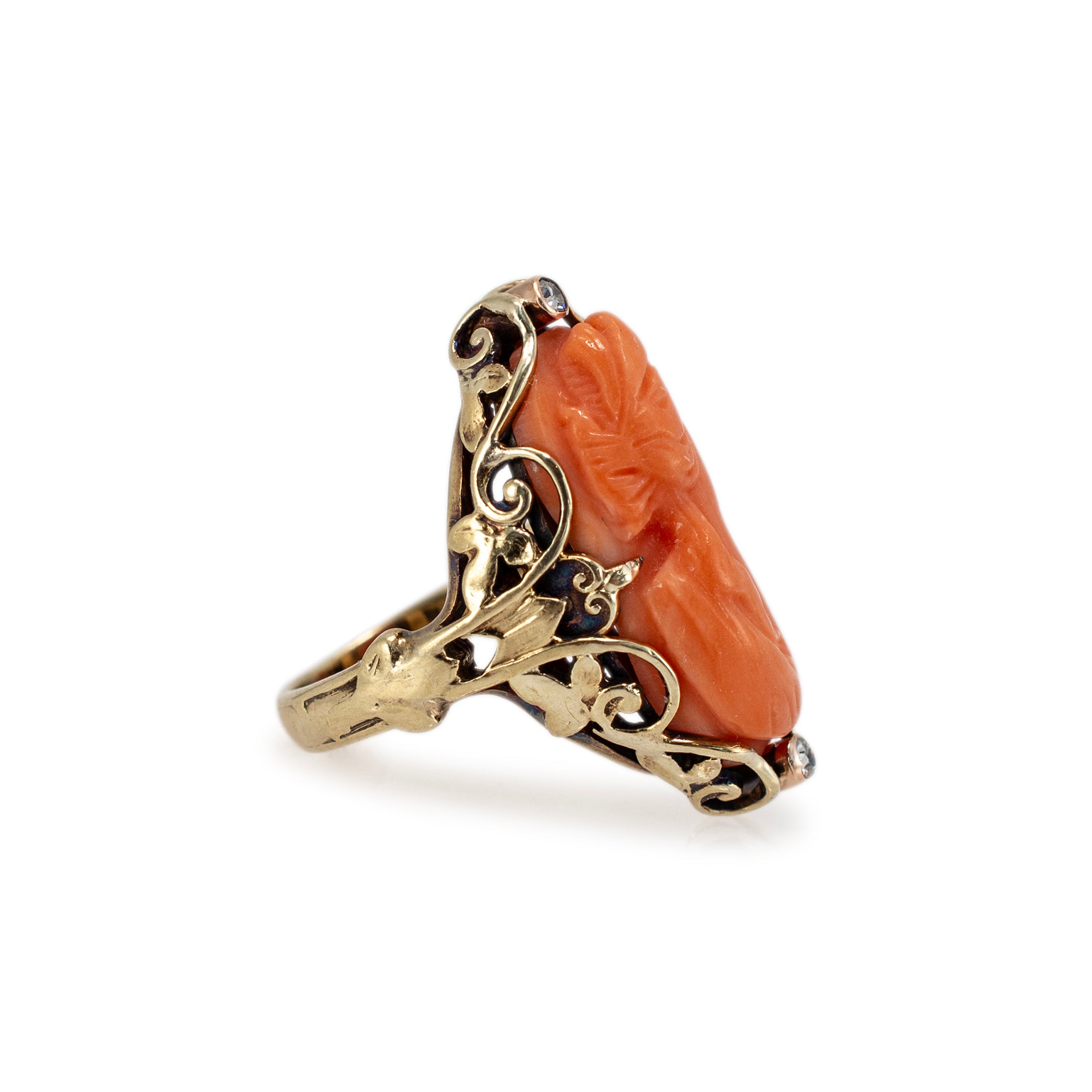 Handmade Vintage 14K Yellow Gold Carved Salmon Coral Cameo Diamond Cocktail Ring