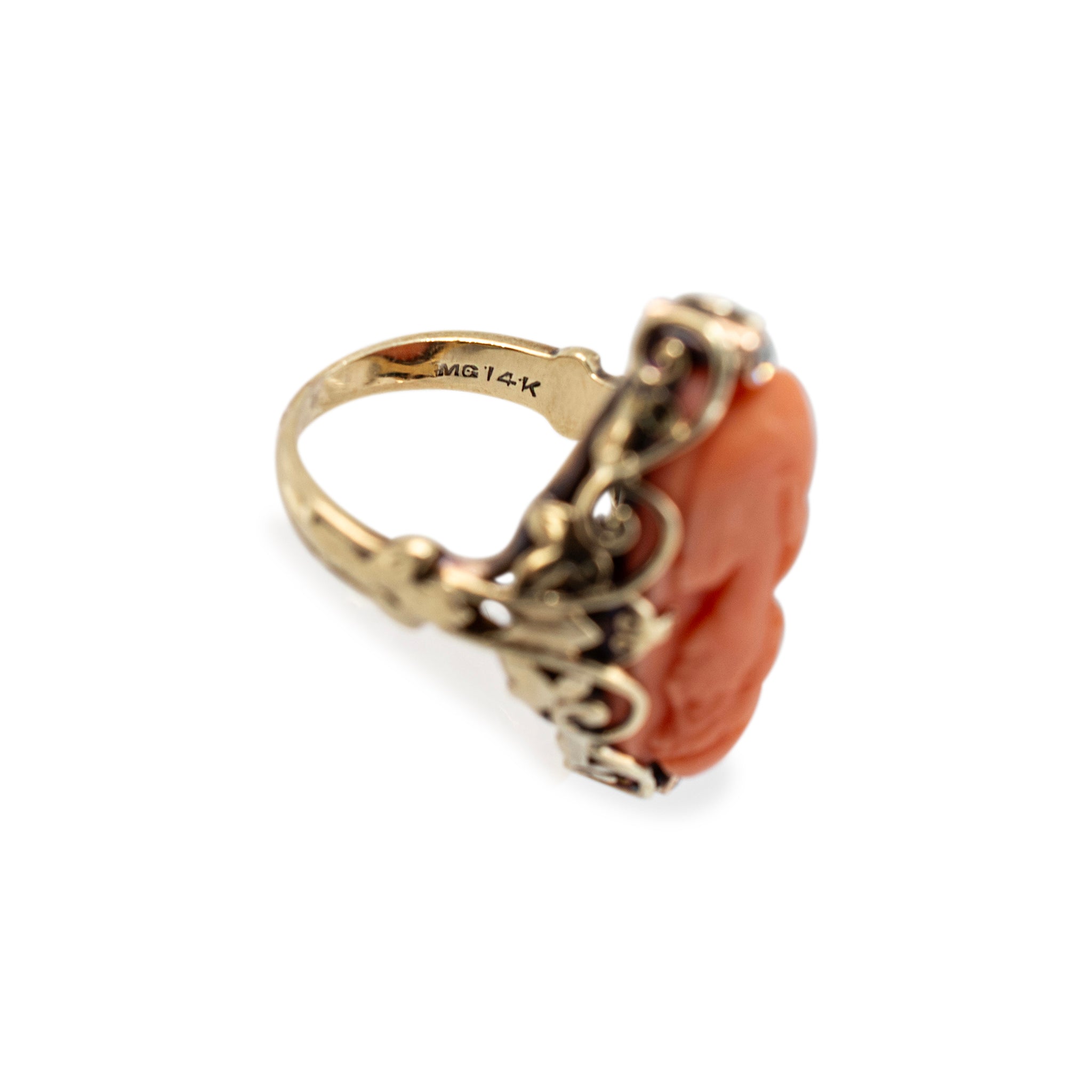 Handmade Vintage 14K Yellow Gold Carved Salmon Coral Cameo Diamond Cocktail Ring