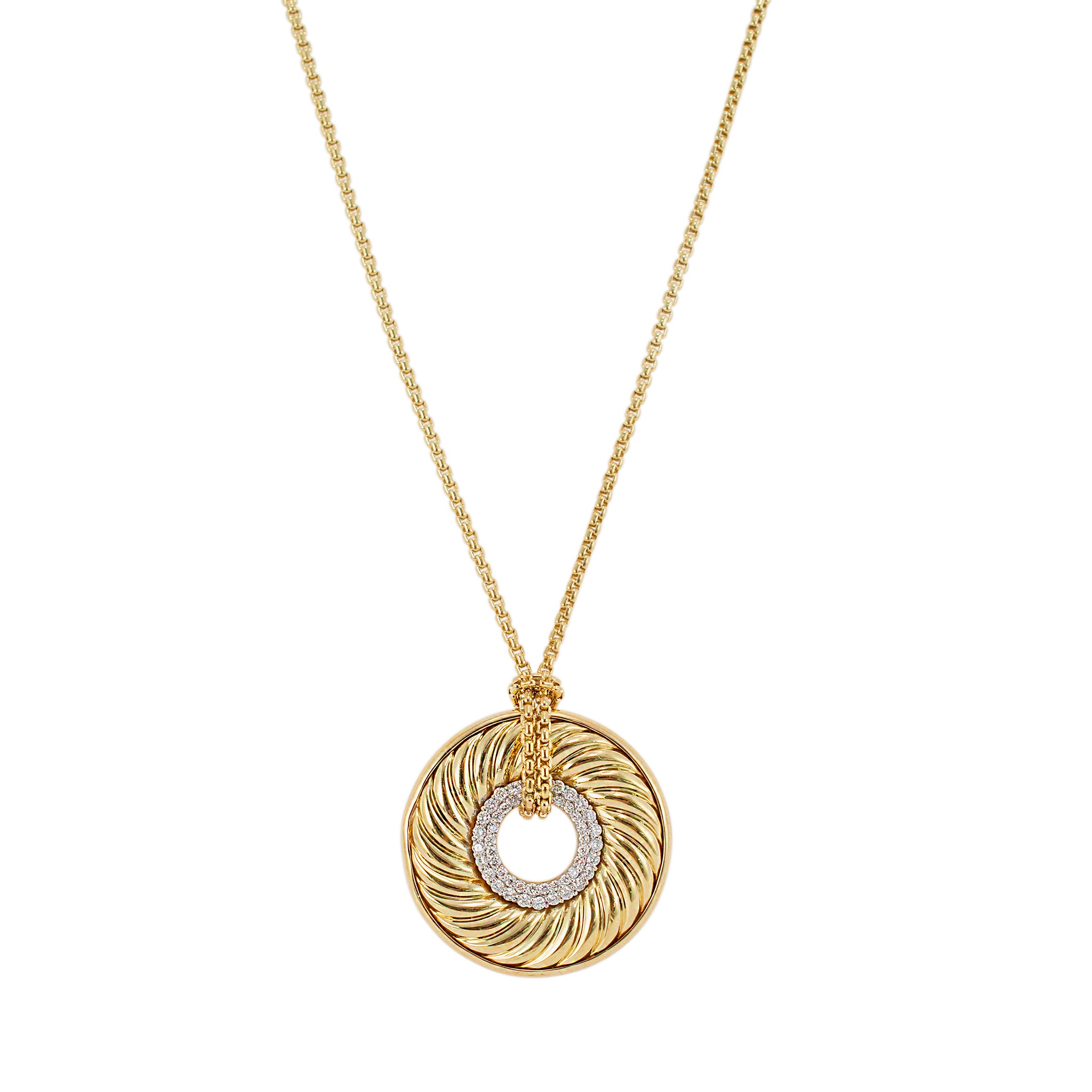 David Yurman 18K Yellow Gold Circle Cable Disc Pave Diamond Pendant Necklace