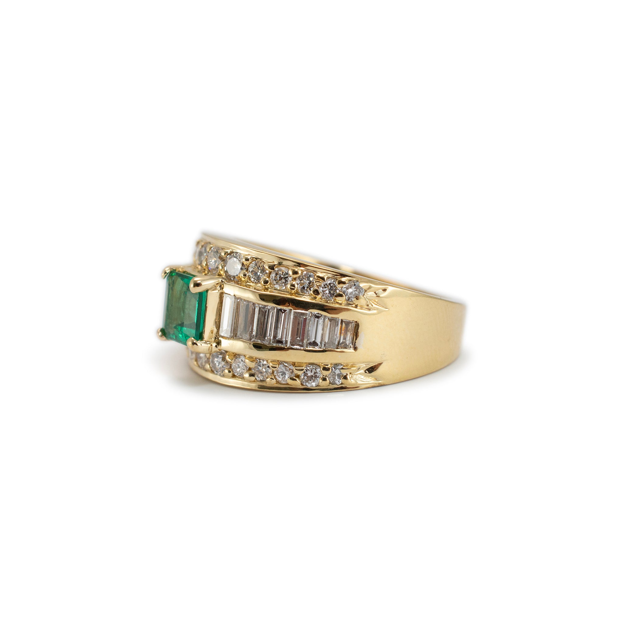 Vintage 18K Yellow Gold Emerald Accented Baguette & Round Diamond Cocktail Ring