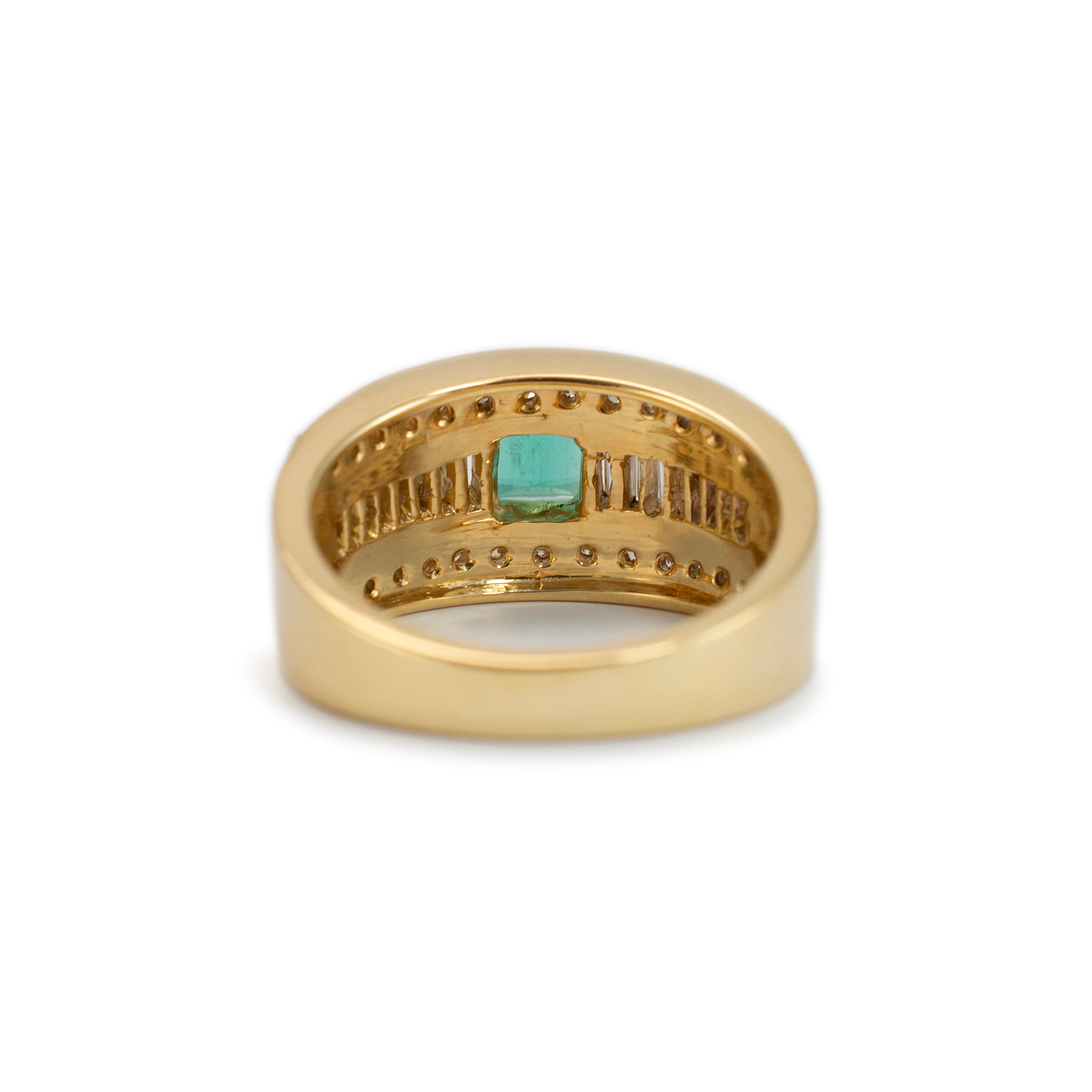 Vintage 18K Yellow Gold Emerald Accented Baguette & Round Diamond Cocktail Ring