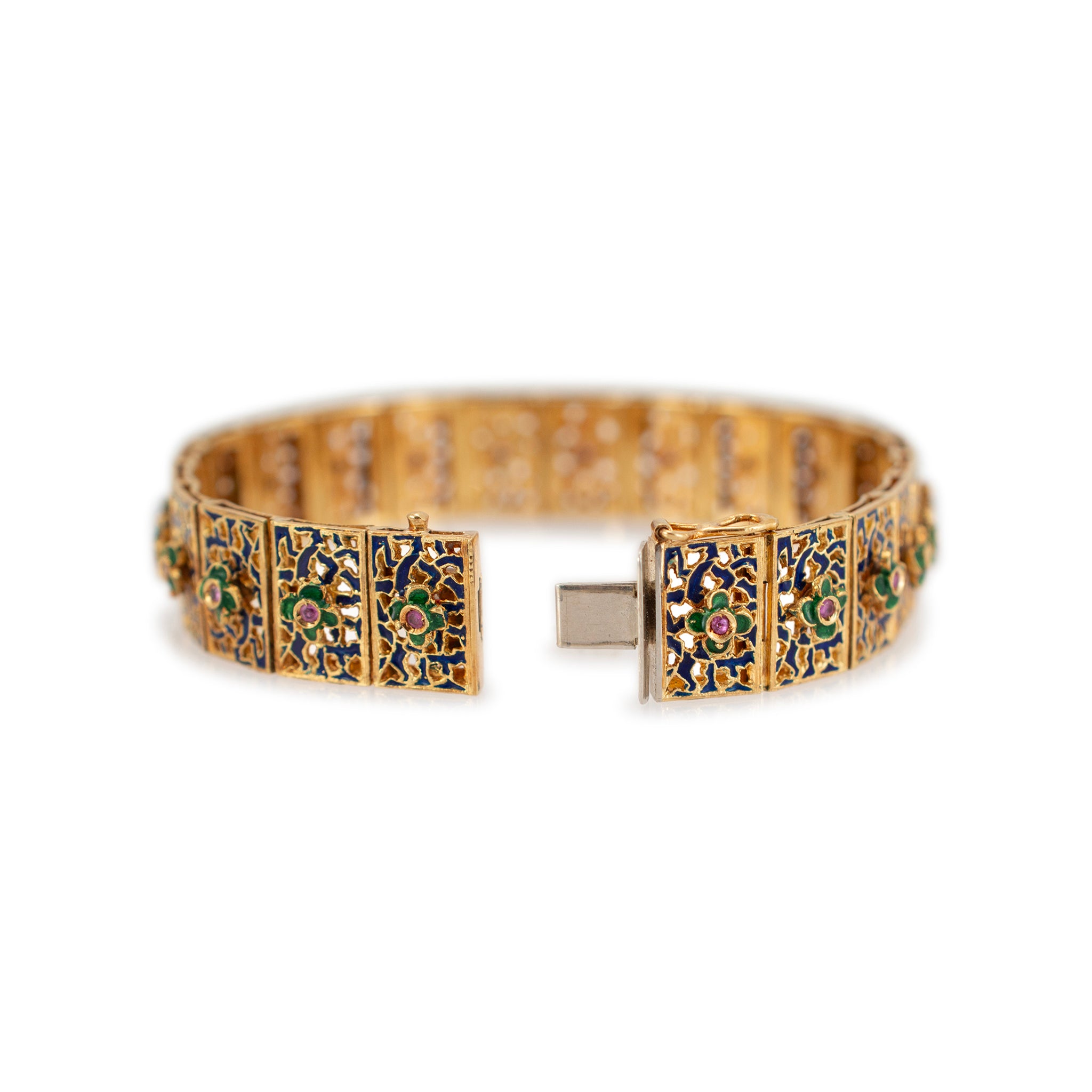 Vintage Handmade 18K Yellow Gold Ruby Flower Blue & Green Enamel Link Bracelet