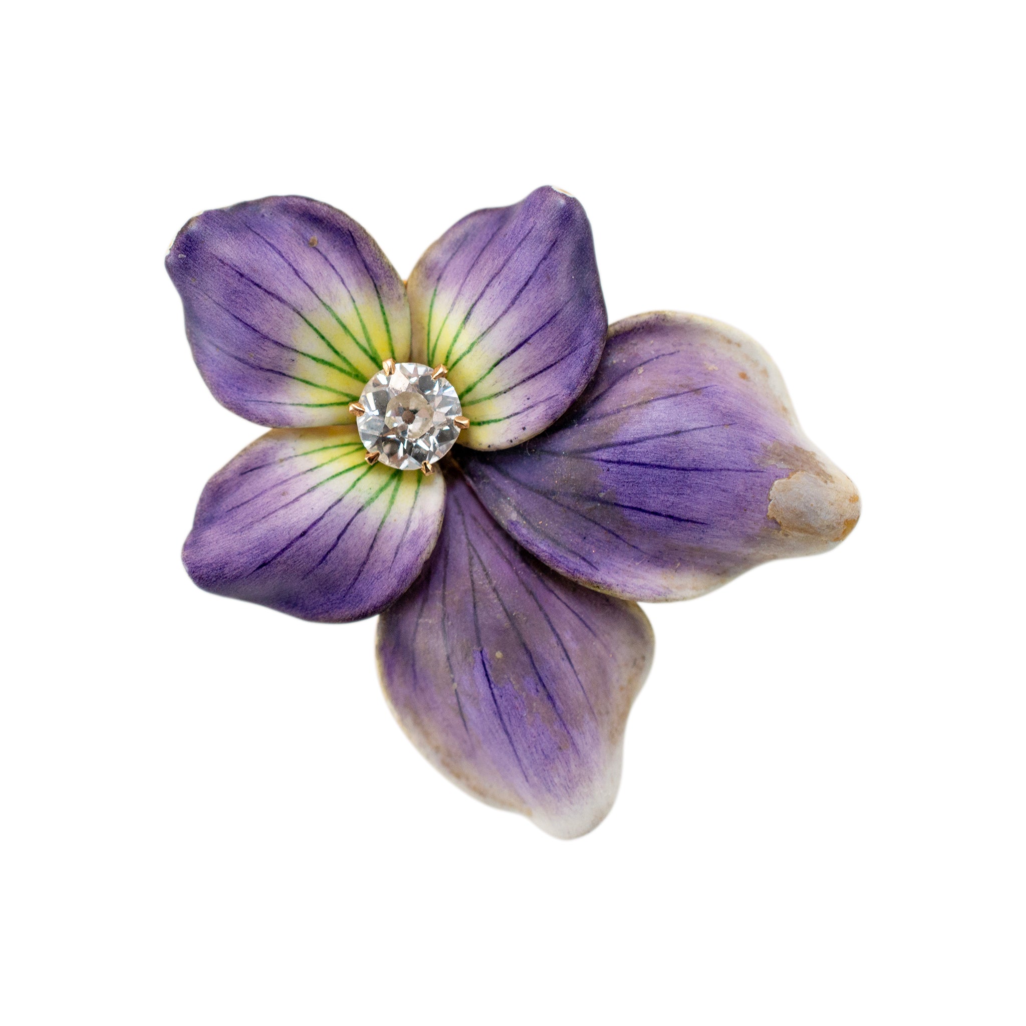 Antique 18K Yellow Gold Enamel Violet Old European Cut Diamond Brooch