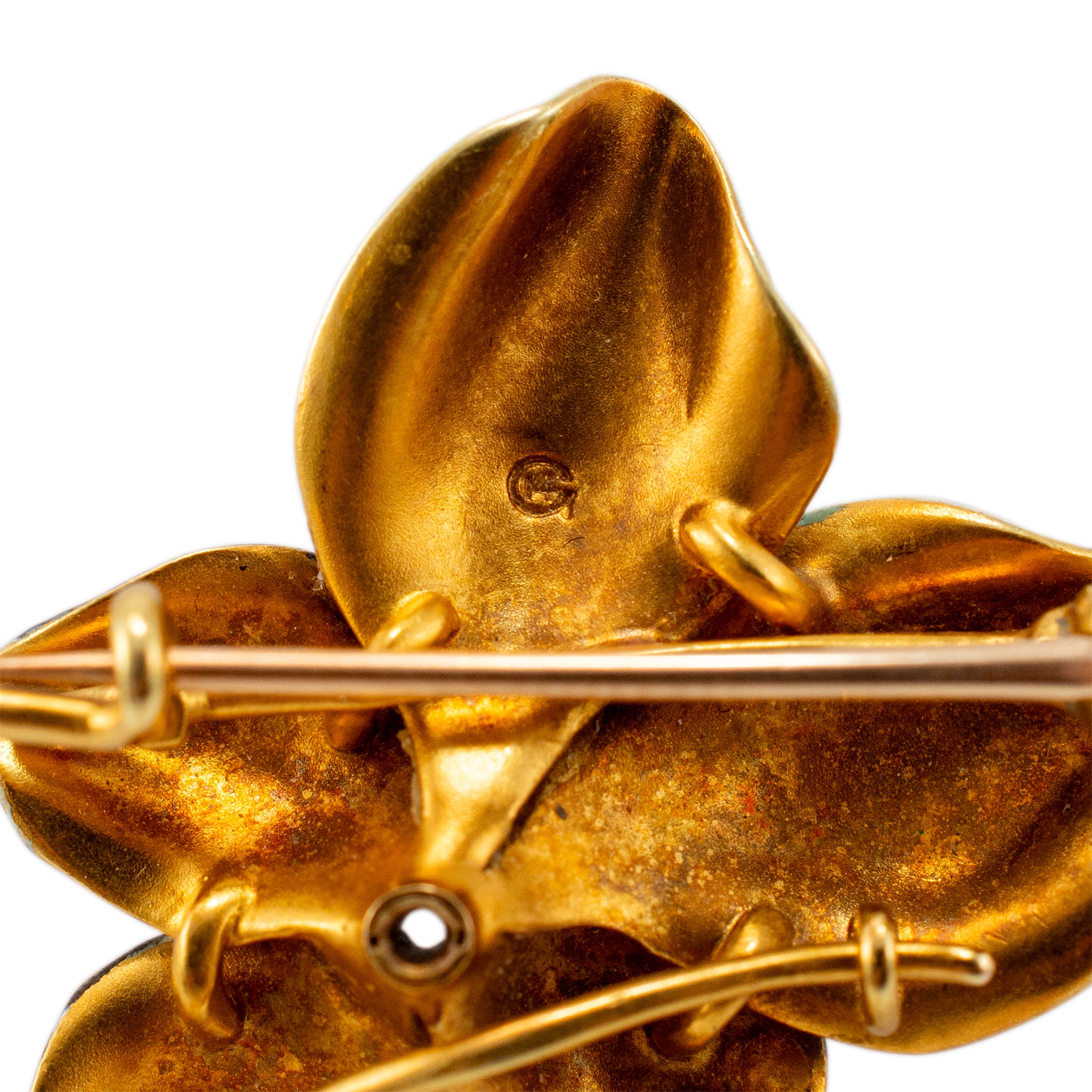 Antique 18K Yellow Gold Enamel Violet Old European Cut Diamond Brooch