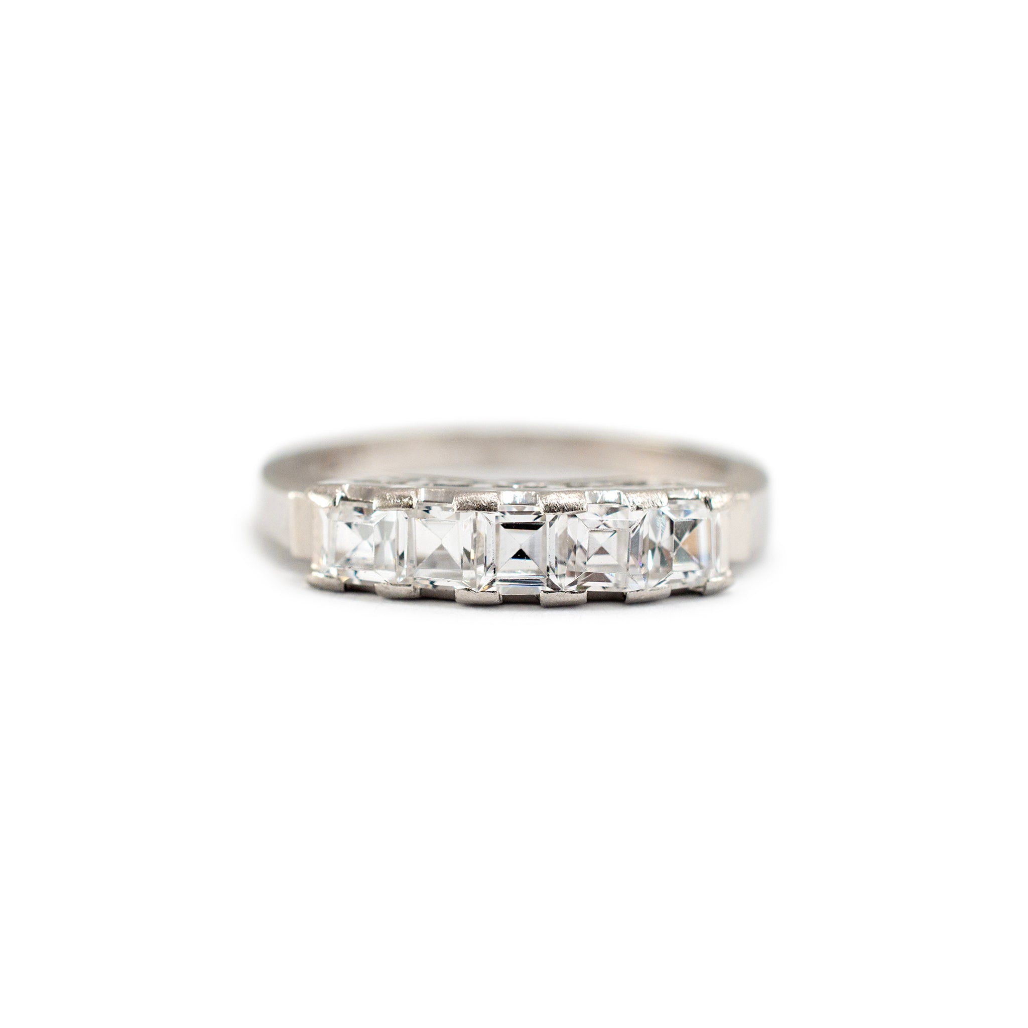 Antique Platinum Five Across Square Baguette Quartz Band Ring