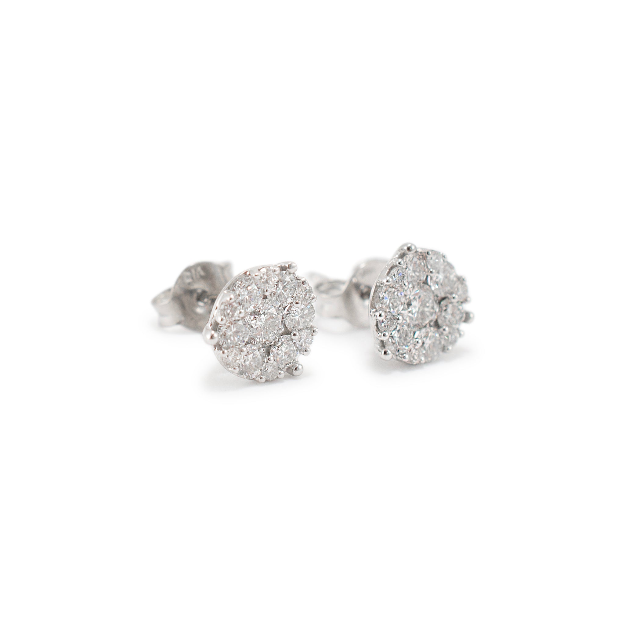 14K White Gold Cluster Halo Diamond Push Back Stud Earrings