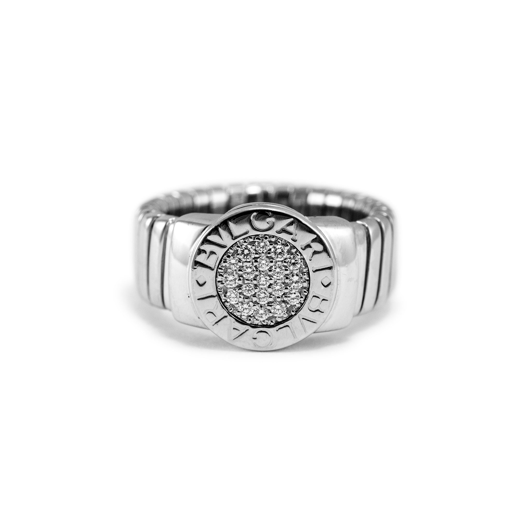 Bvlgari Bvlgari Tubogas 18K White Gold Circle Pave Diamond Cocktail Ring