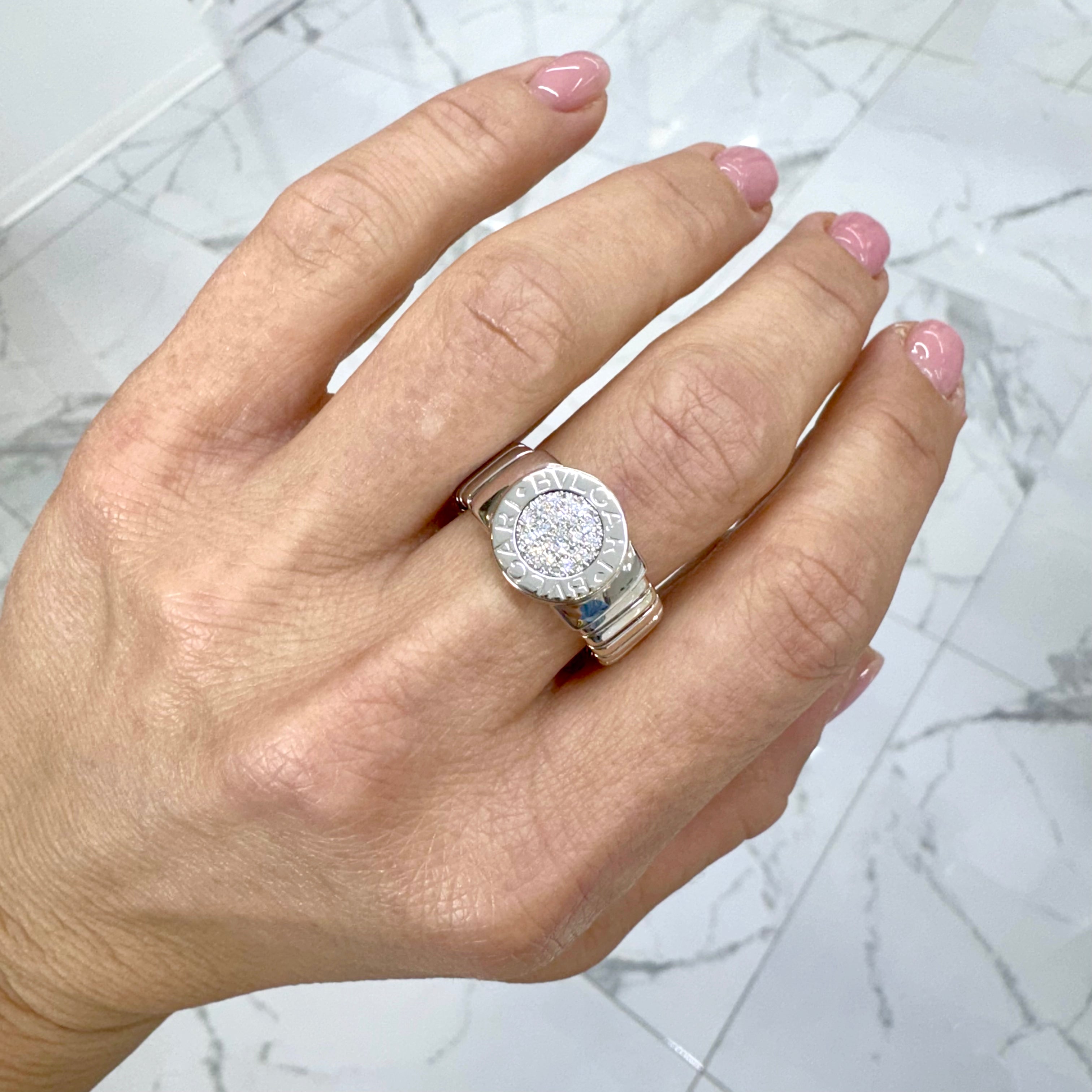 Bvlgari Bvlgari Tubogas 18K White Gold Circle Pave Diamond Cocktail Ring