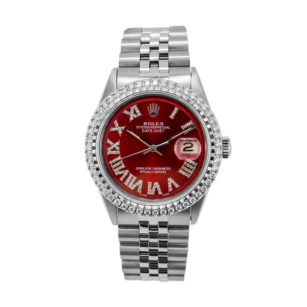 Rolex Datejust 36MM 1601 Red Roman Dial Diamond Jubilee Stainless Steel Watch