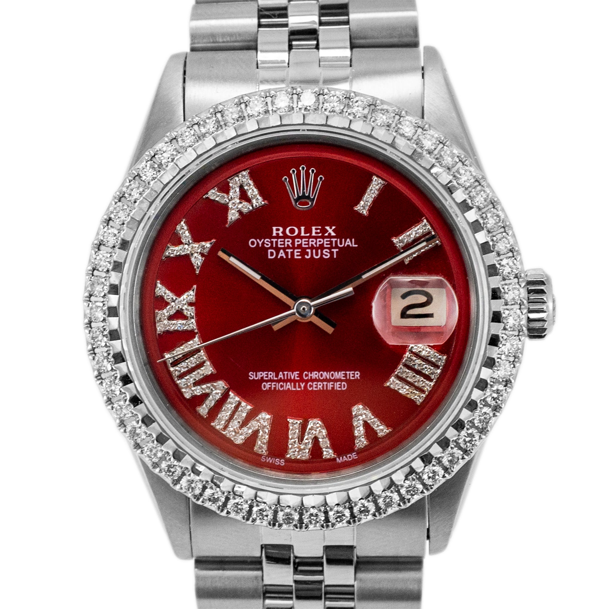 Rolex Datejust 36MM 1601 Red Roman Dial Diamond Jubilee Stainless Steel Watch