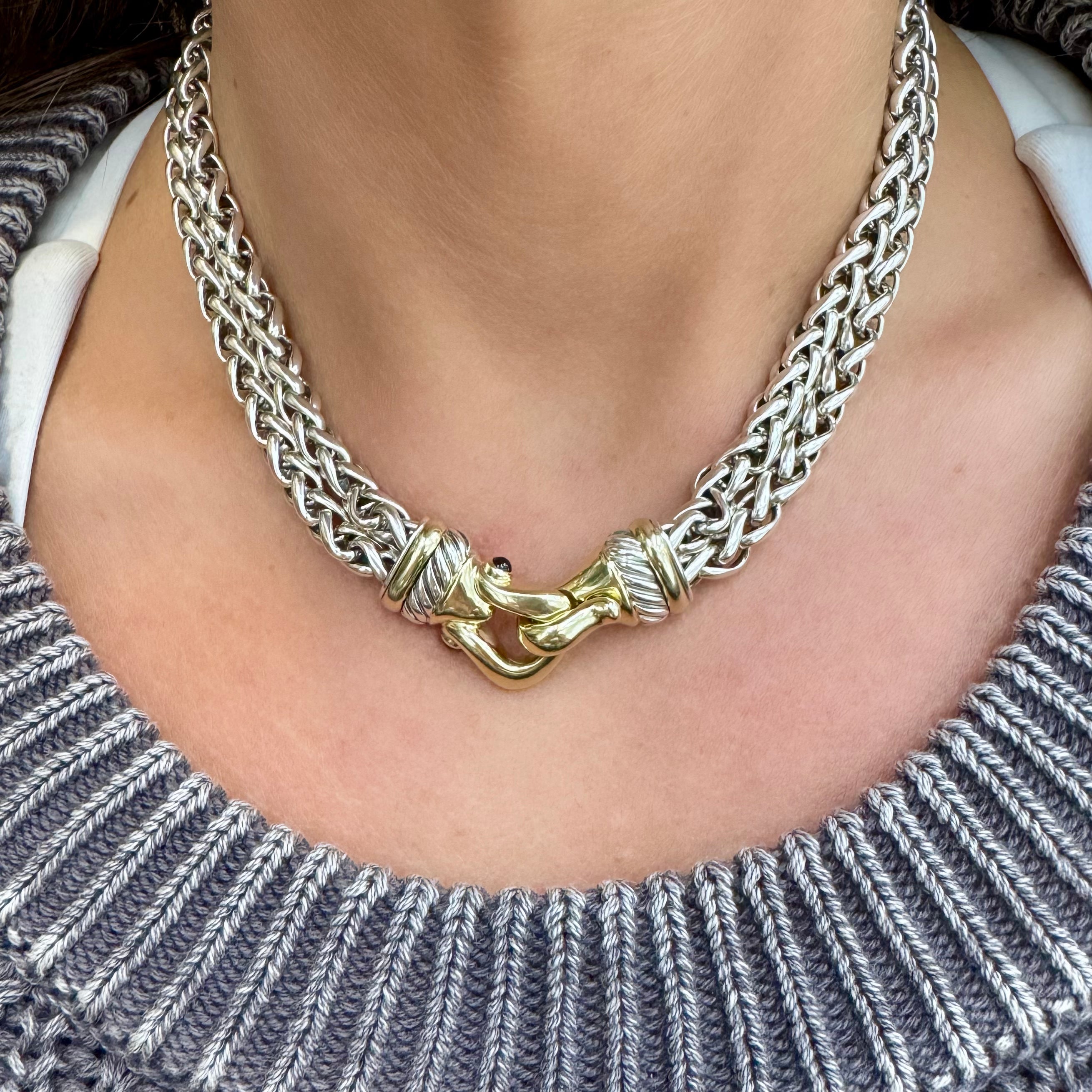 David Yurman 925 Sterling Silver Yellow Gold Buckle Double Wheat Chain Necklace