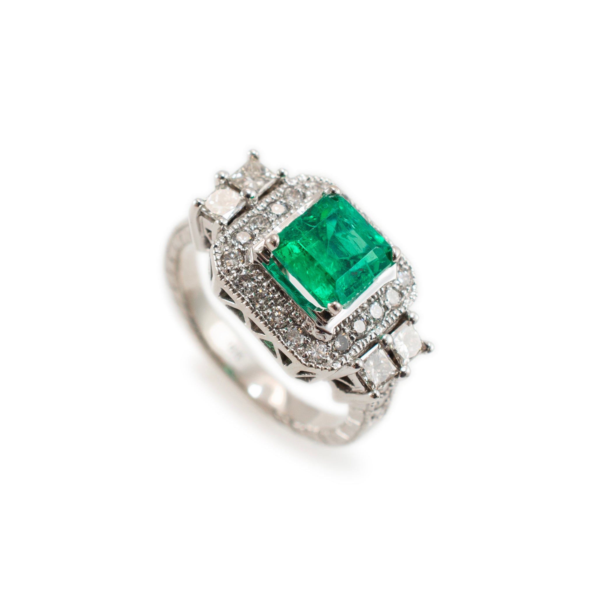 Ladies 18K White Gold GIA Colombian Emerald Halo Accented Diamond Cocktail Ring