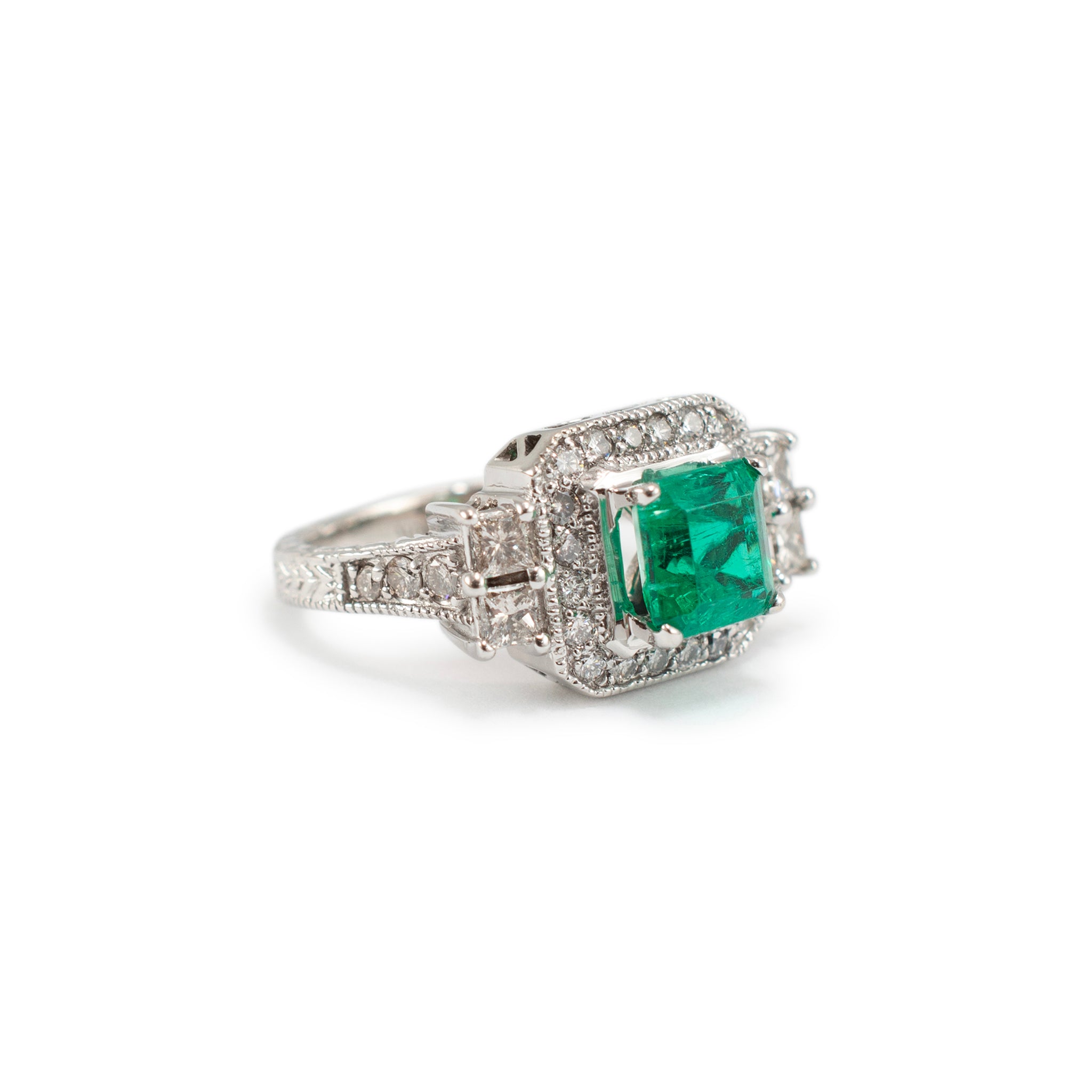 Ladies 18K White Gold GIA Colombian Emerald Halo Accented Diamond Cocktail Ring