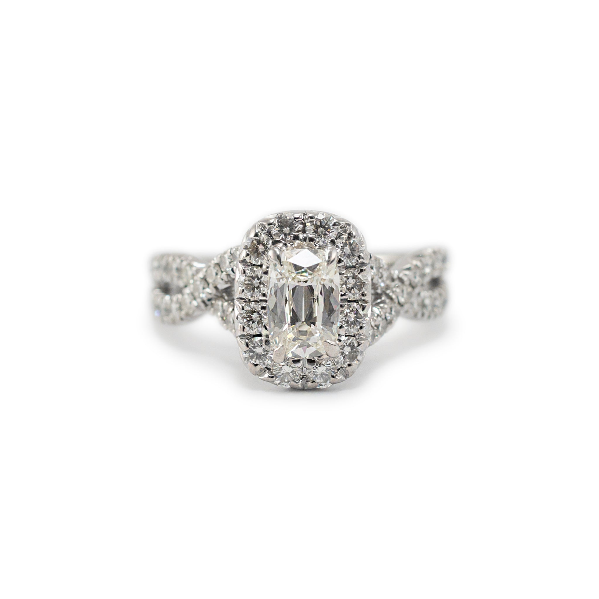 18K White Gold GIA 1.01ct Cushion Cut Diamond Crossover Shank Engagement Ring