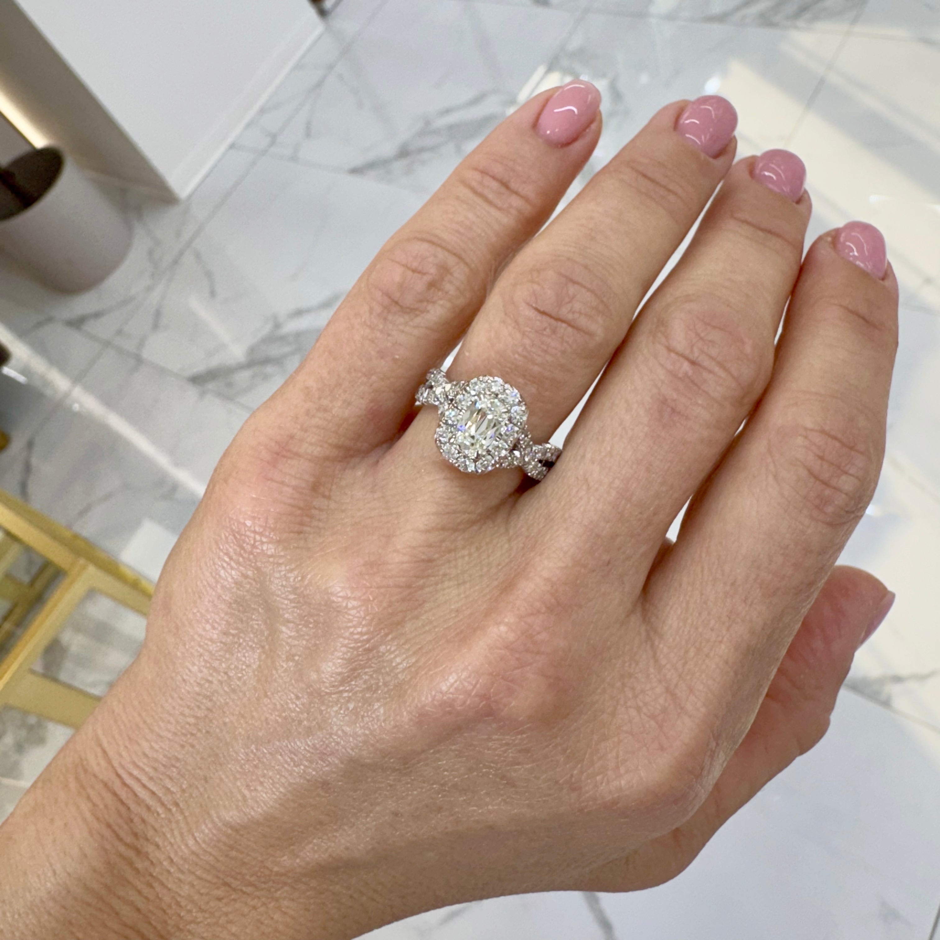 18K White Gold GIA 1.01ct Cushion Cut Diamond Crossover Shank Engagement Ring