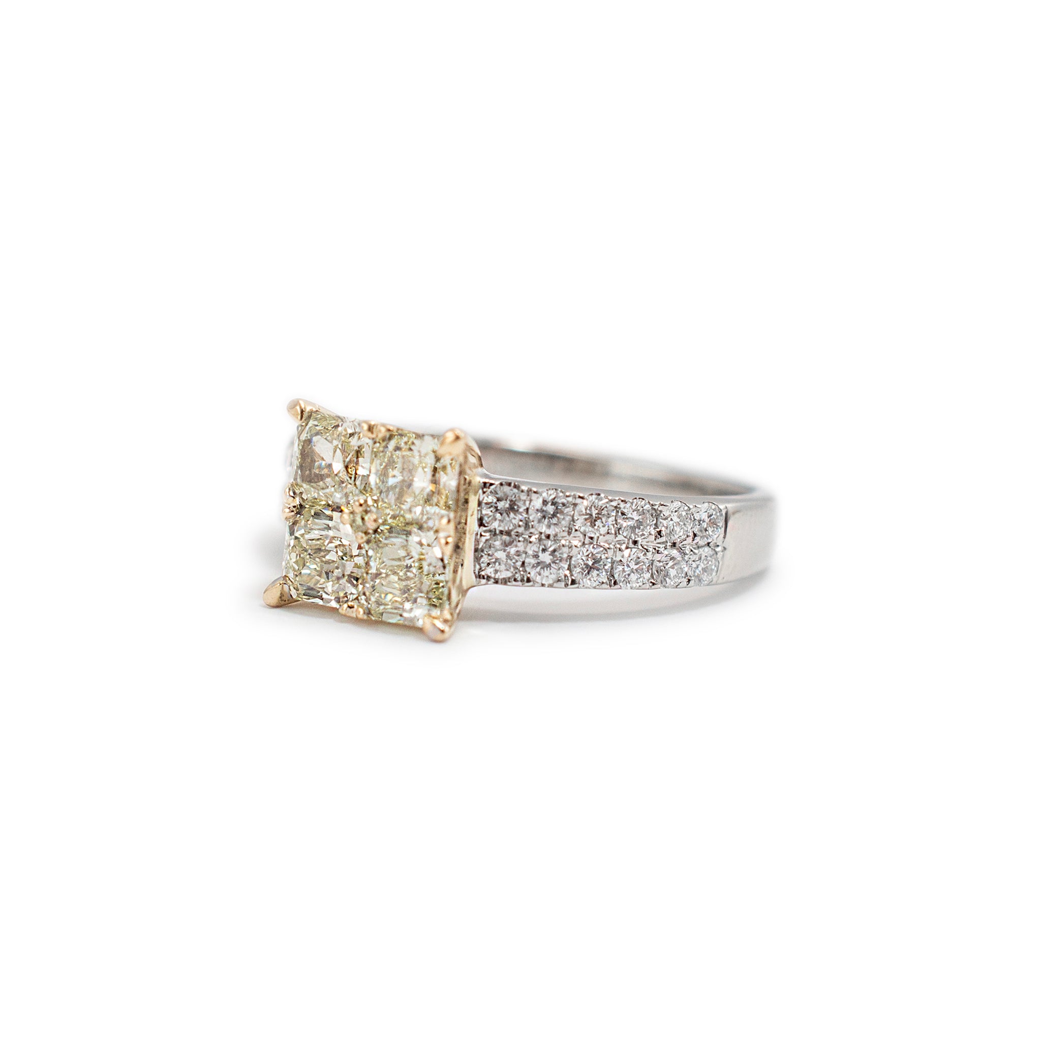 18K Yellow Gold Fancy Yellow Cushion Two Row Accented Diamond Cocktail Ring