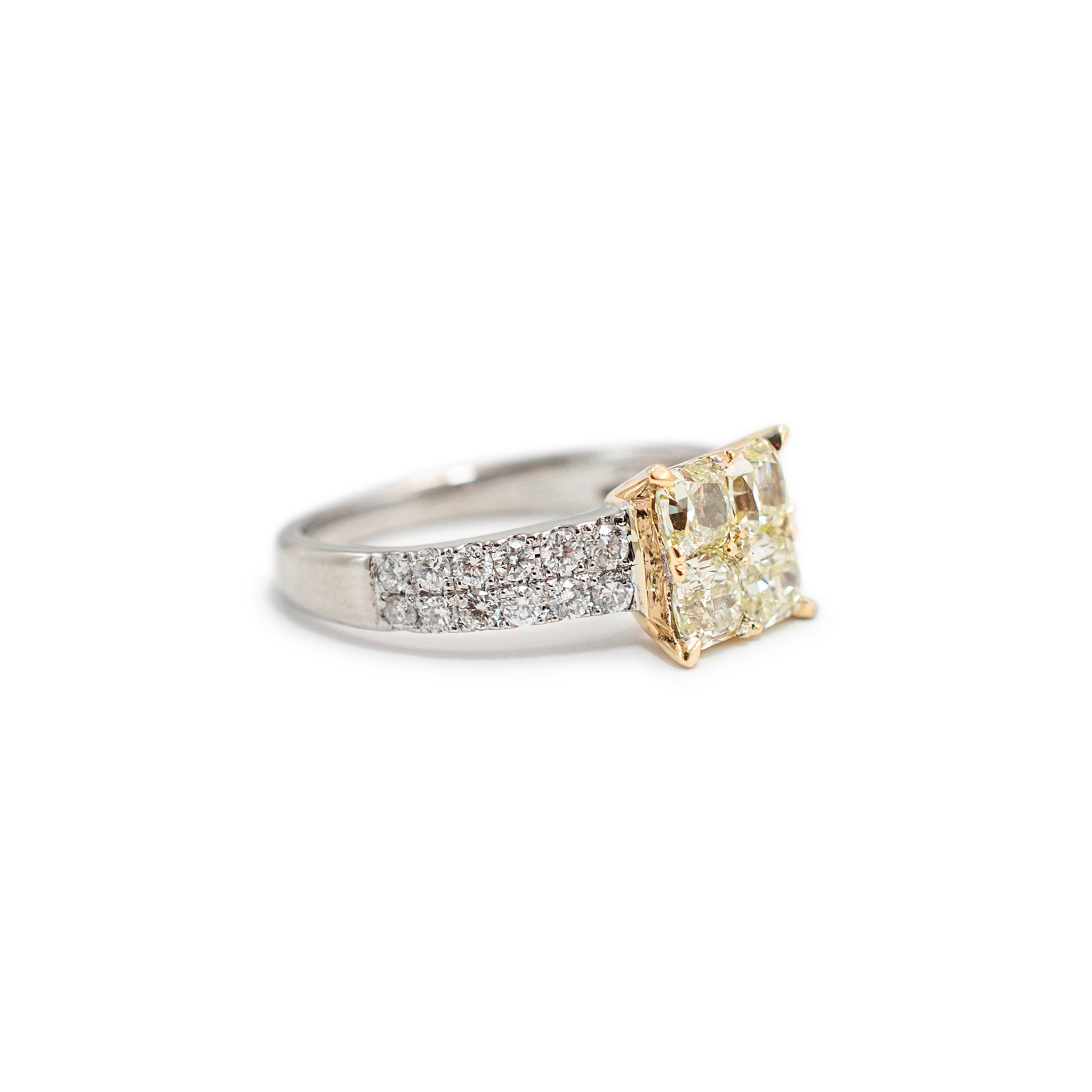 18K Yellow Gold Fancy Yellow Cushion Two Row Accented Diamond Cocktail Ring