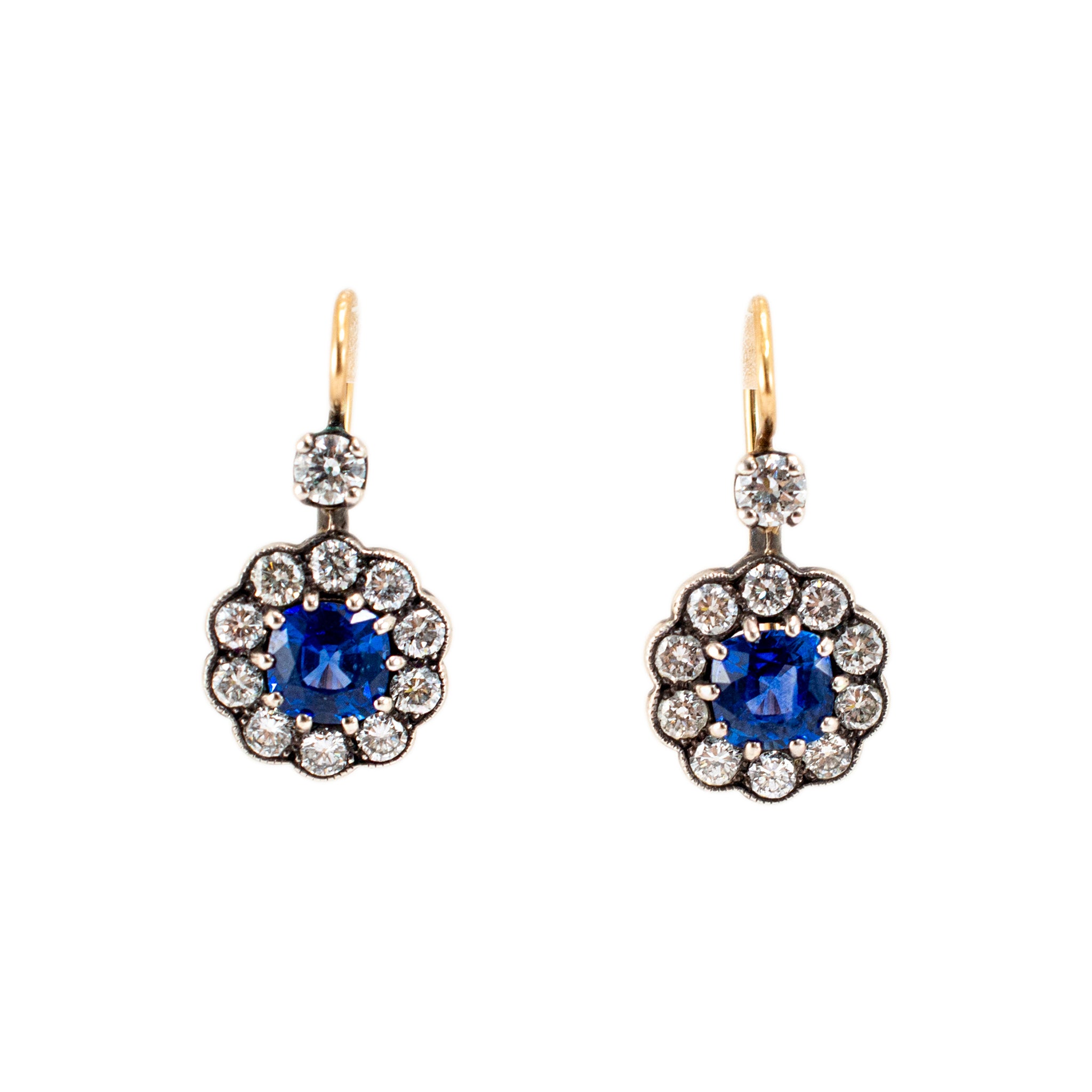 Antique 18K Yellow Gold GIA Sri Lanka Sapphires Old European Diamond Earrings
