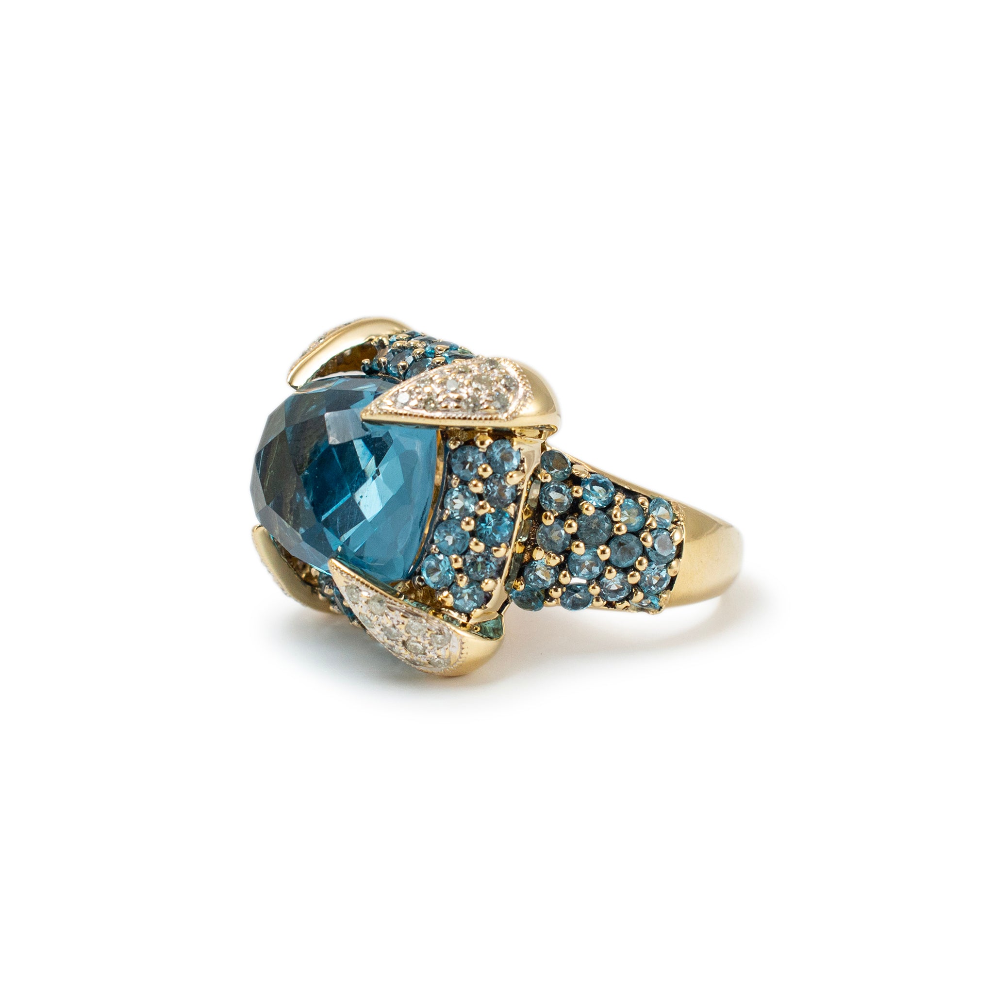 Ladies 14K Yellow Gold Blue Topaz Halo Claw Pave Diamond Cocktail Statement Ring