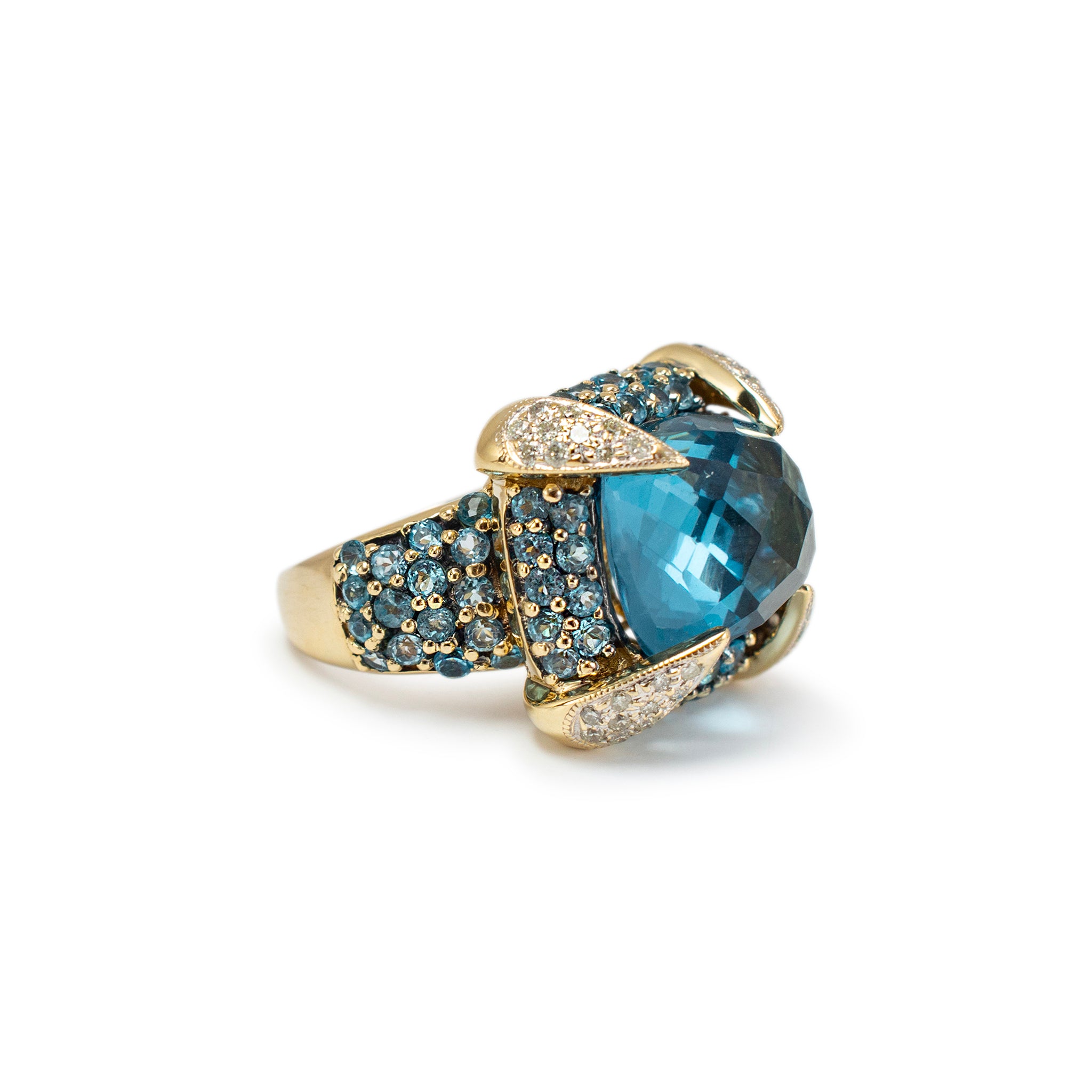 Ladies 14K Yellow Gold Blue Topaz Halo Claw Pave Diamond Cocktail Statement Ring