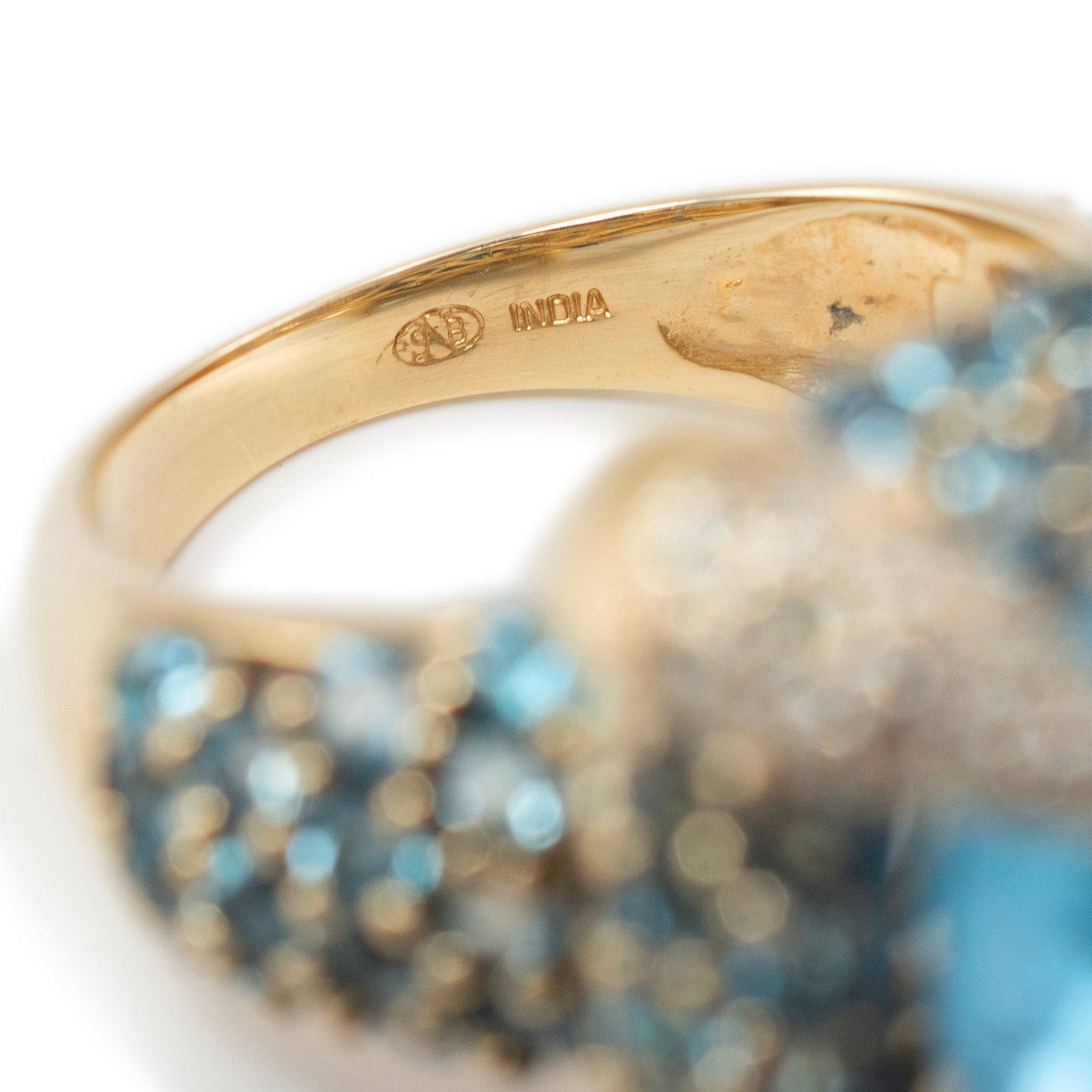 Ladies 14K Yellow Gold Blue Topaz Halo Claw Pave Diamond Cocktail Statement Ring