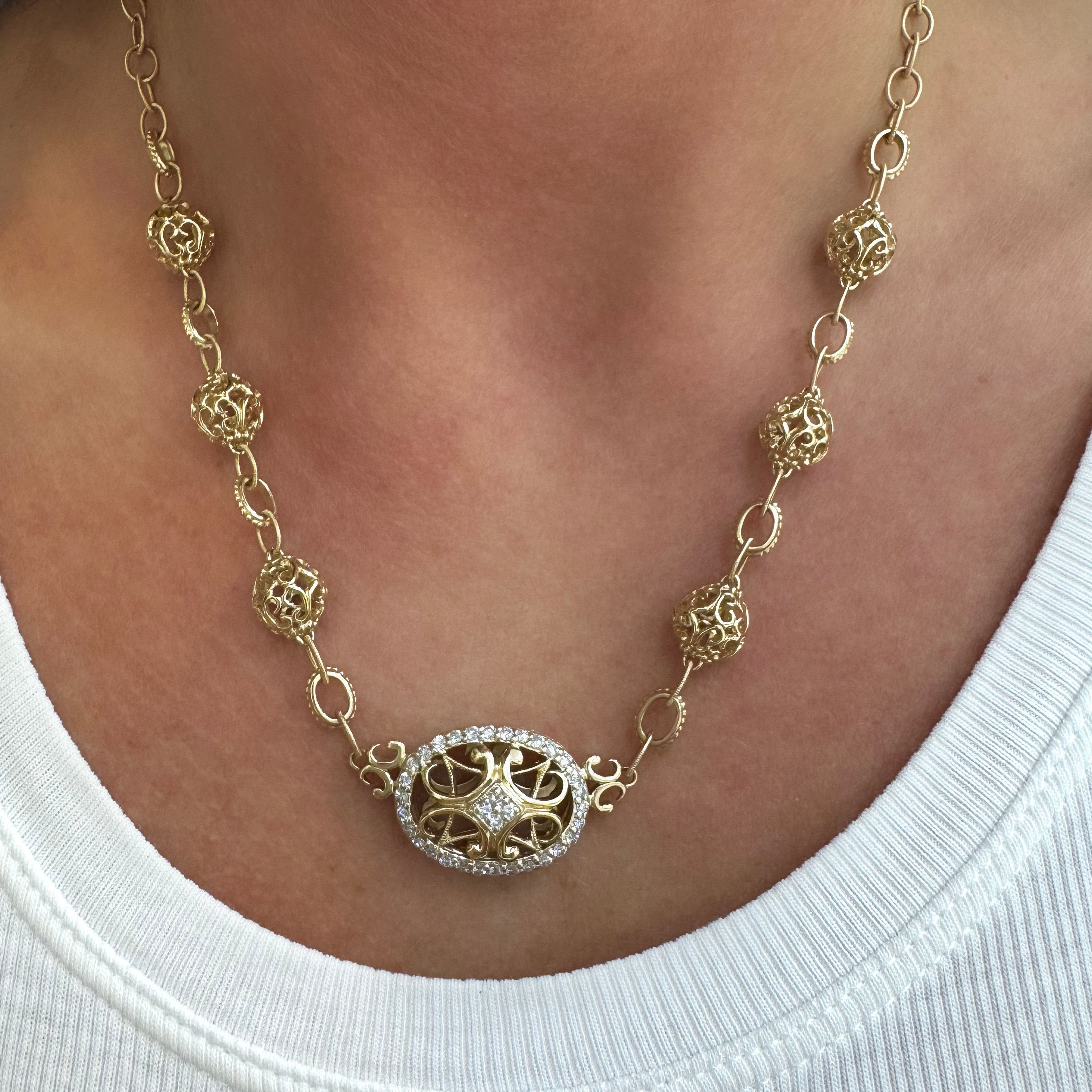14K Yellow Gold Filigreed Style Beads Diamond Oval Pendant Necklace