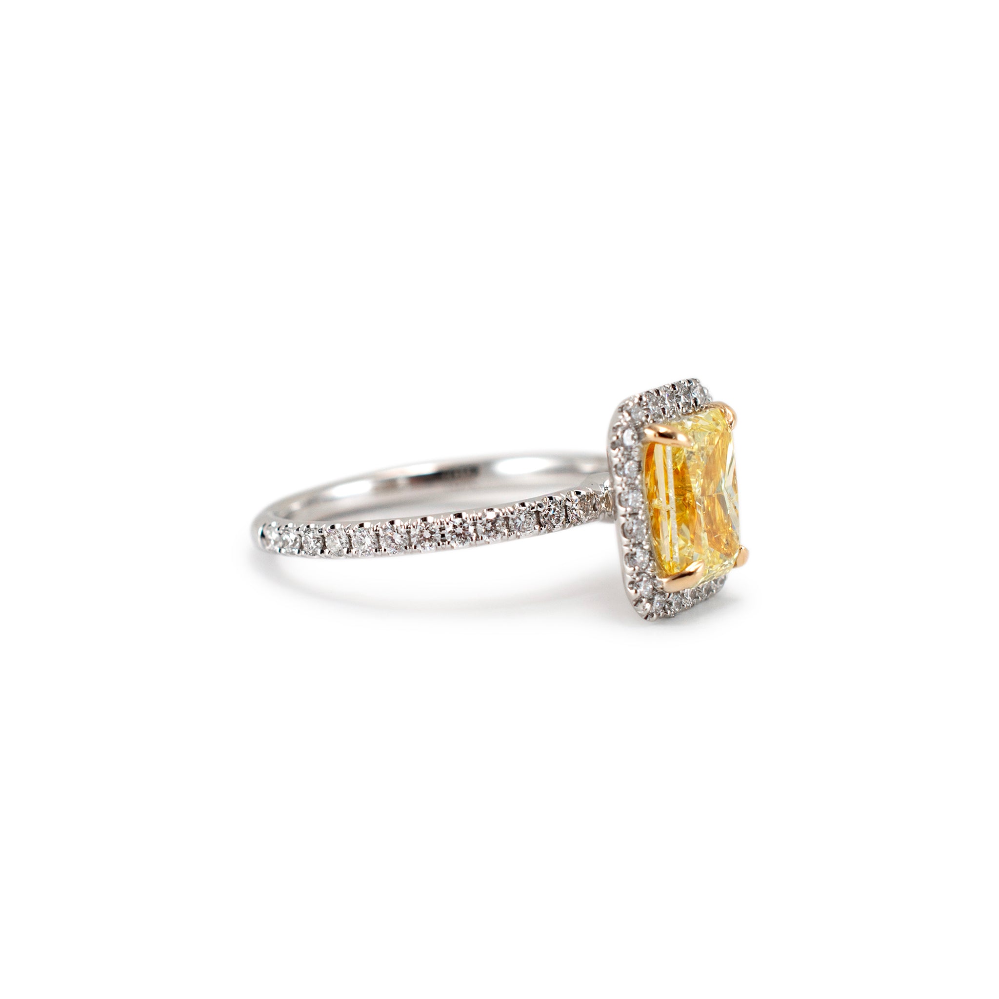 18K White Gold Radiant Cut GIA Fancy Yellow Diamond Halo White Engagement Ring