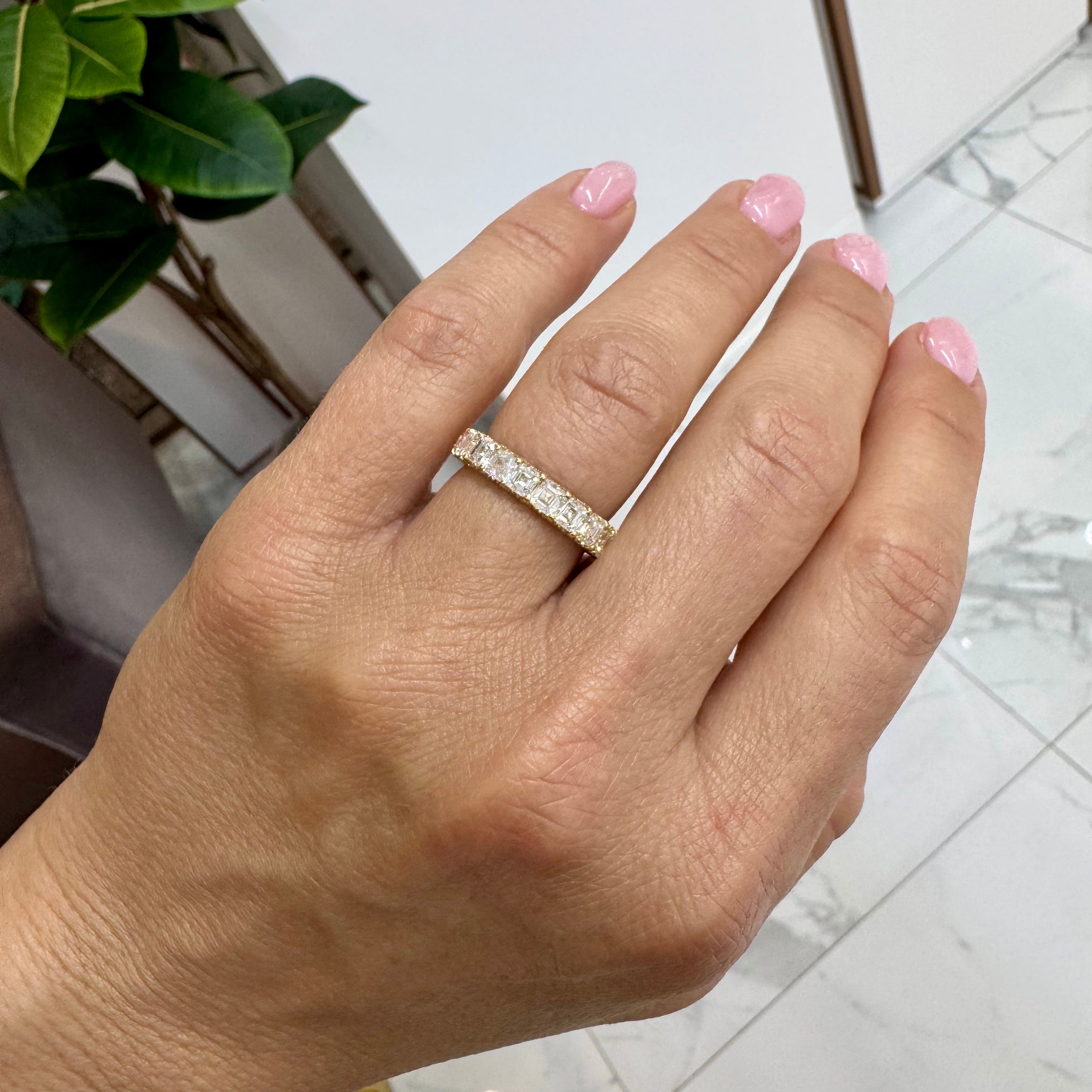 18K Yellow Gold Full Eternity 4.43ct. Asscher Cut Diamond Accented Wedding Band