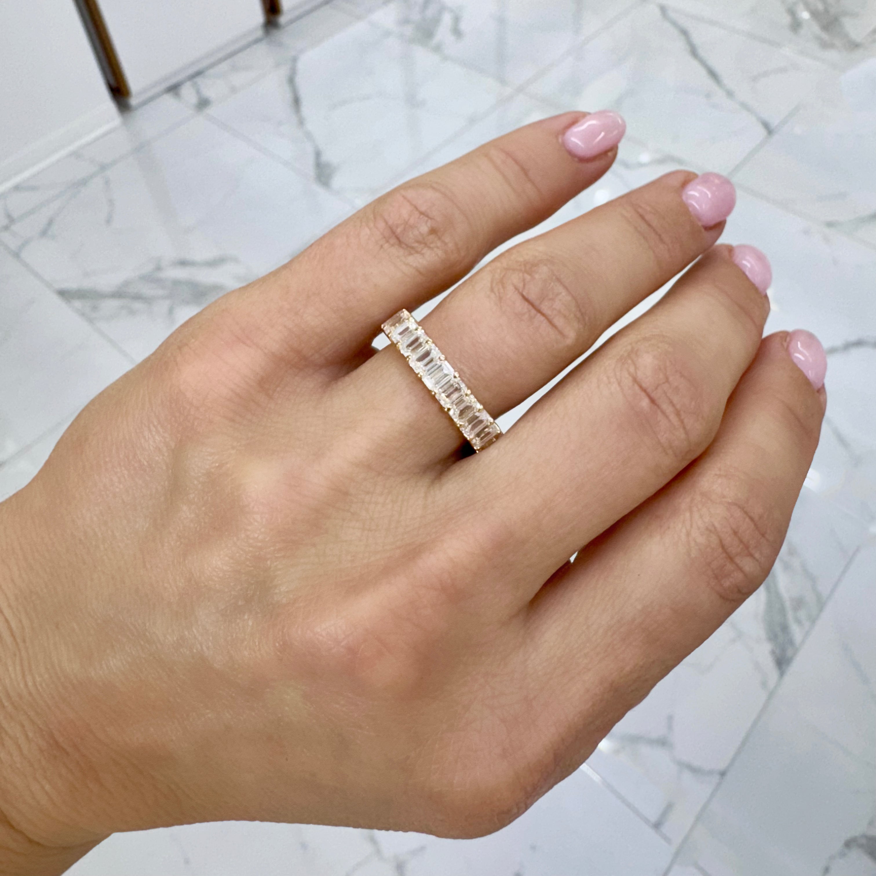 Ladies 18K Yellow Gold Full Eternity Emerald Cut Diamond Wedding Band