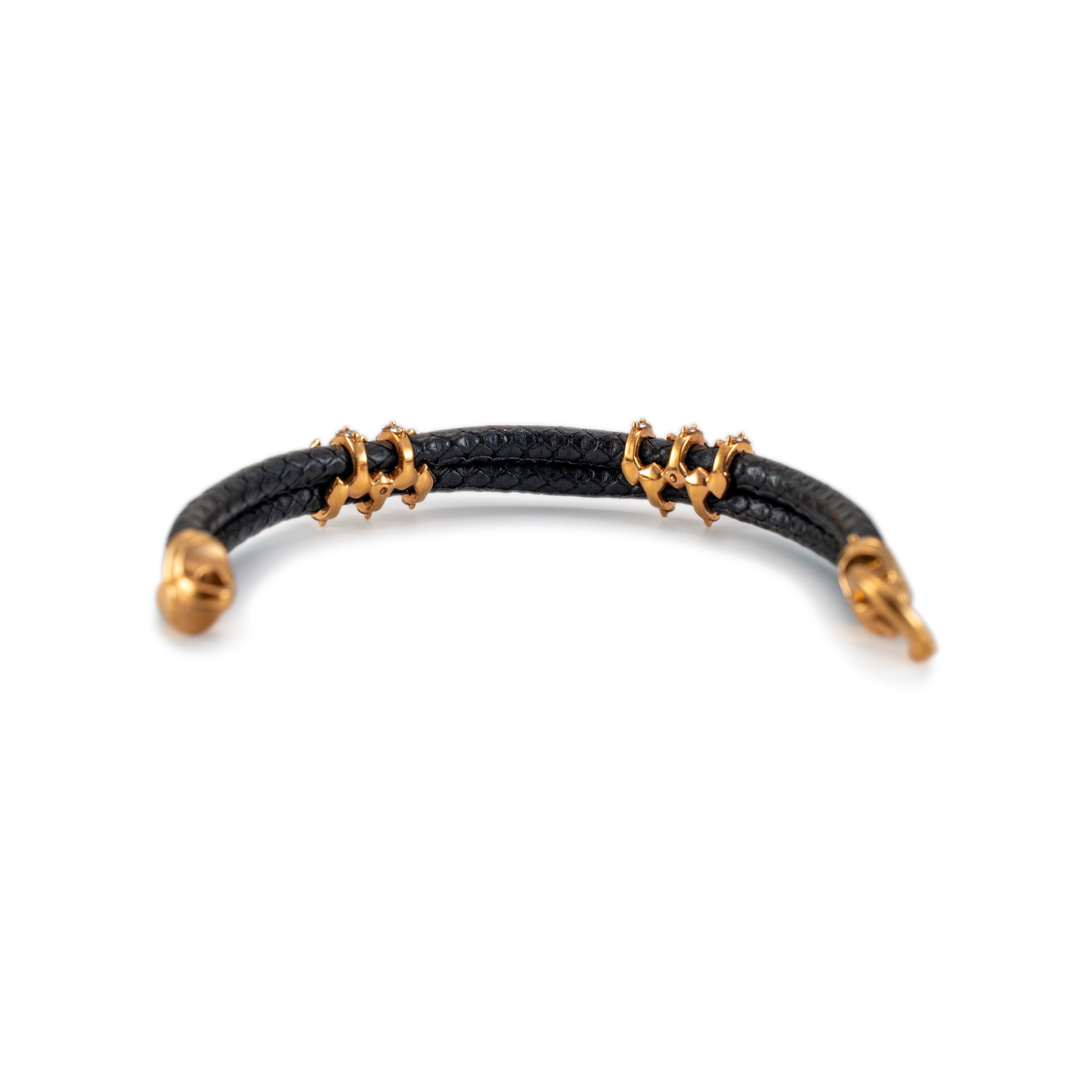 18K Yellow Gold Claw Pave Diamond Leather Bangle Bracelet