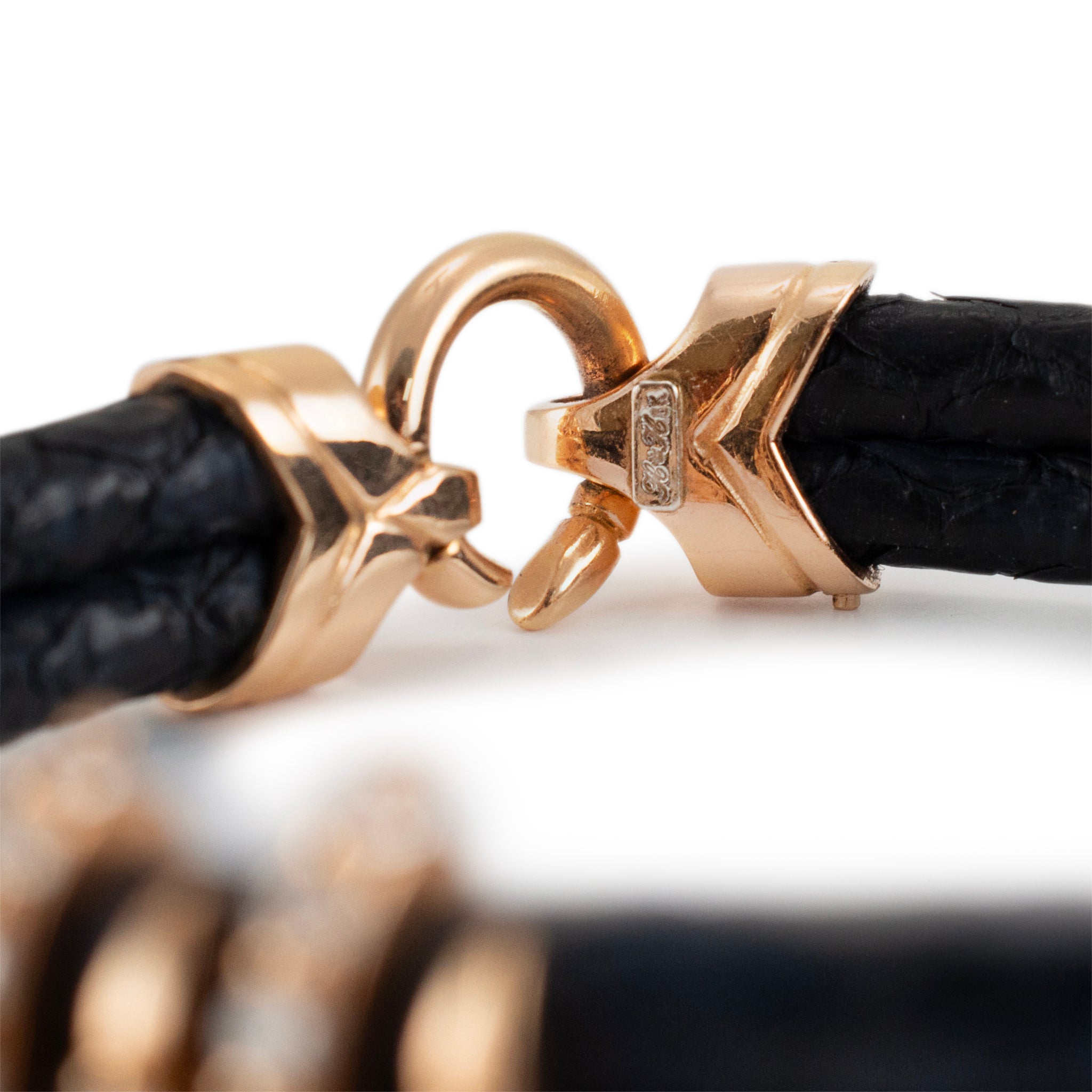 18K Yellow Gold Claw Pave Diamond Leather Bangle Bracelet