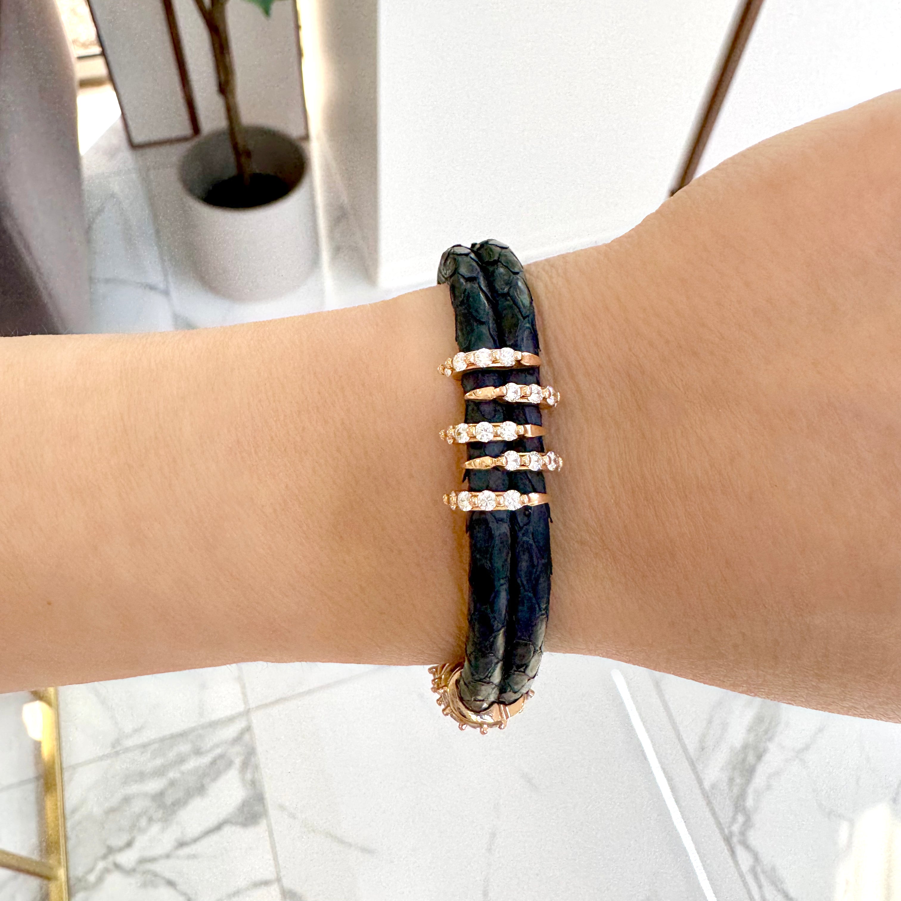 18K Yellow Gold Claw Pave Diamond Leather Bangle Bracelet