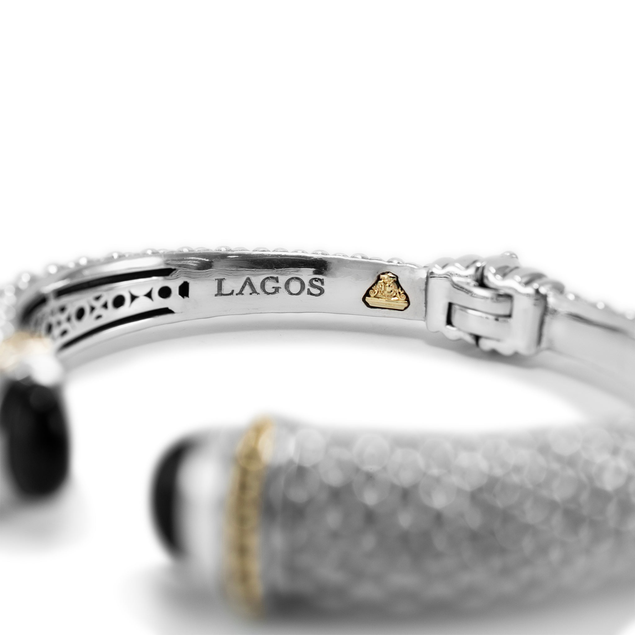 Lagos Caviar Color 925 Sterling Silver & 18K Yellow Gold Onyx Cuff Bracelet