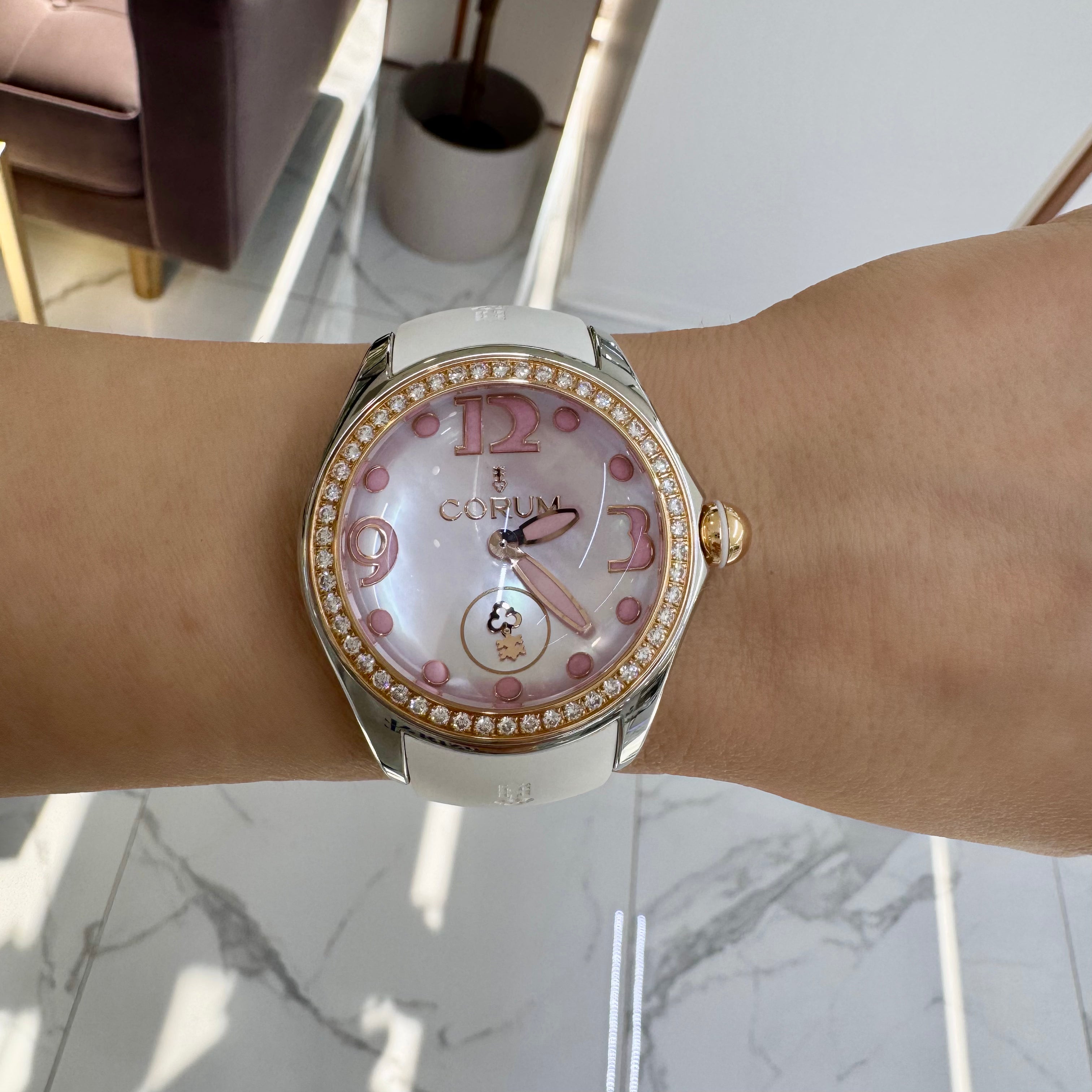 Corum Bubble 42MM L295 Pink Mop Diamond Bezel Rose Gold Stainless Steel Watch