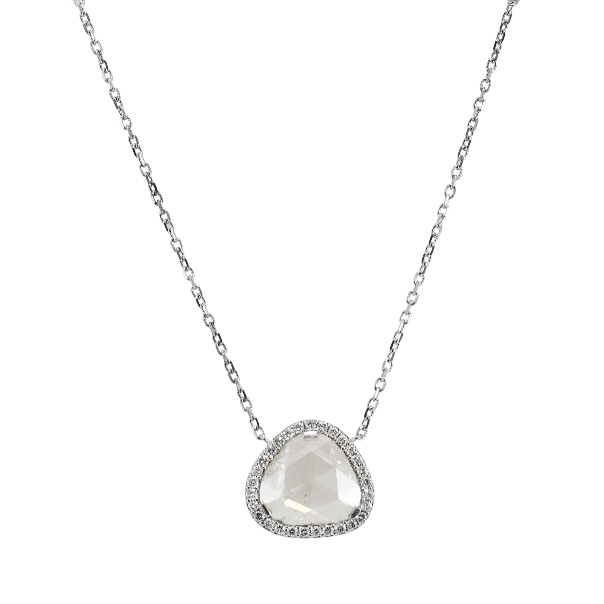 Ladies 14K White Gold Rose Cut Halo Round Diamond Pendant Necklace