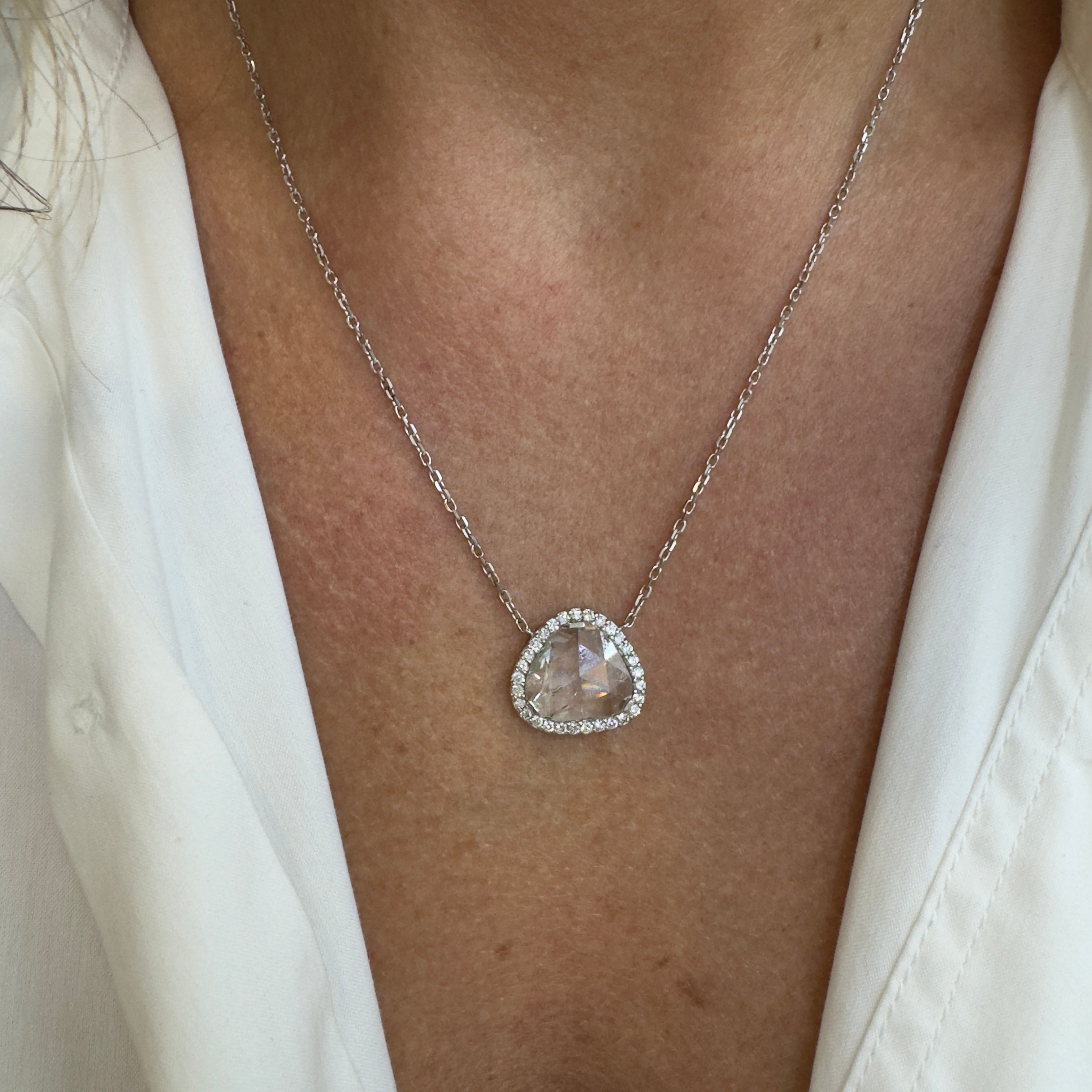 Ladies 14K White Gold Rose Cut Halo Round Diamond Pendant Necklace