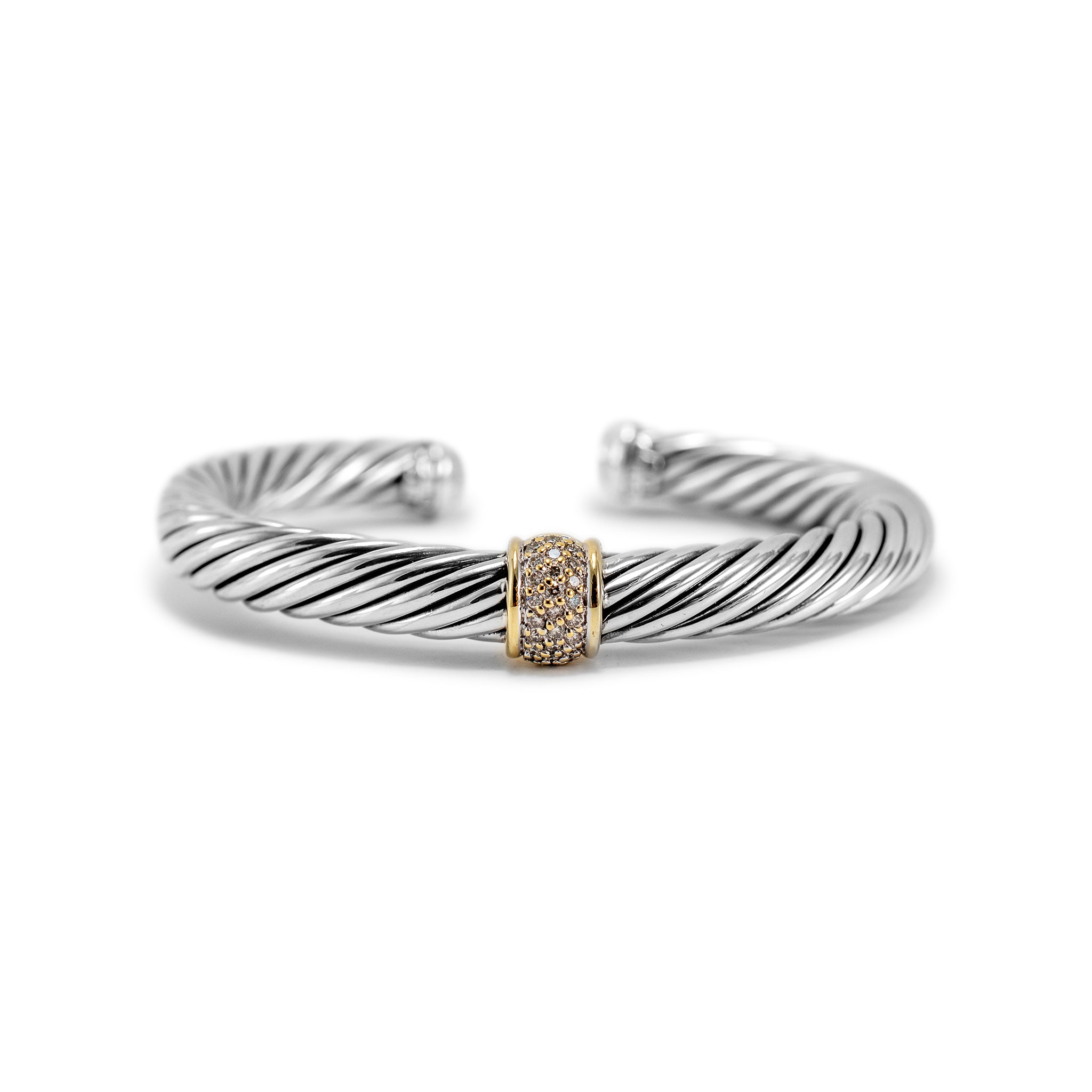 David Yurman 925 Sterling Silver Yellow Gold Diamond Classic Cable Cuff Bracelet
